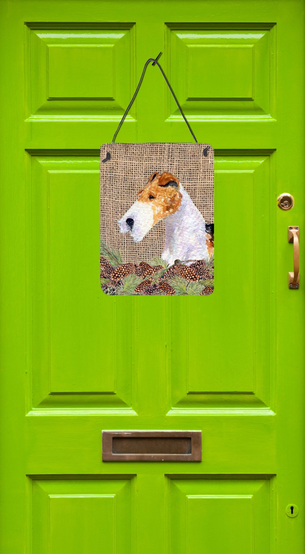 Fox Terrier Metal Wall Art Sign - 12x16 Inch Aluminum Home Decor with Faux Burlap & Pine Cones Design - Perfect for Kitchen, Bar, Bathroom, Front Door & Living Room Decor - Durable Indoor/Outdoor Hanging Plaque