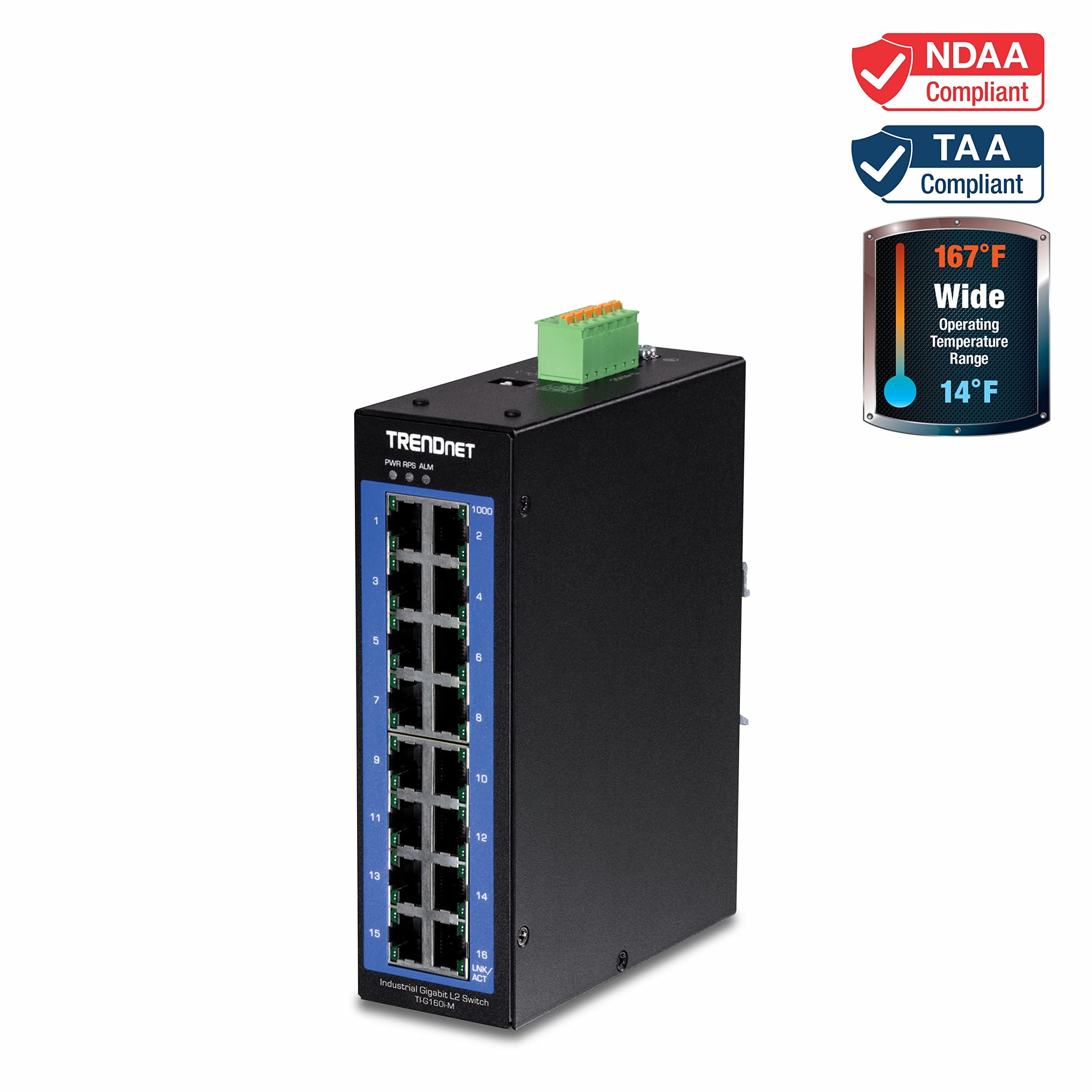 TRENDnet 16-Port Industrial Gigabit L2 Managed DIN Rail Switch - 16x Gigabit Ports, Wide Temperature Layer 2 Switch, 32Gbps Switching Capacity, Lifetime Protection (Black, TI-G160i-M) - Perfect for Industrial Automation, Smart Factories & Harsh Environments
