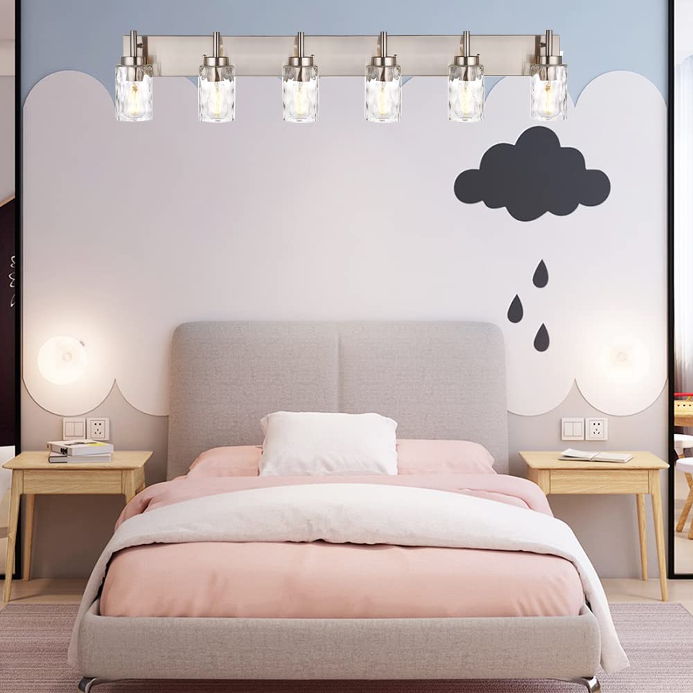 BONLICHT Mid-Century Modern Bathroom Vanity Wall Light - 6-Light Farmhouse Sconce with Clear Water Glass Shade, Brushed Nickel Finish - Perfect for Bathroom Mirror Lighting, Dining Room Wall Decor & Dressing Table Illumination