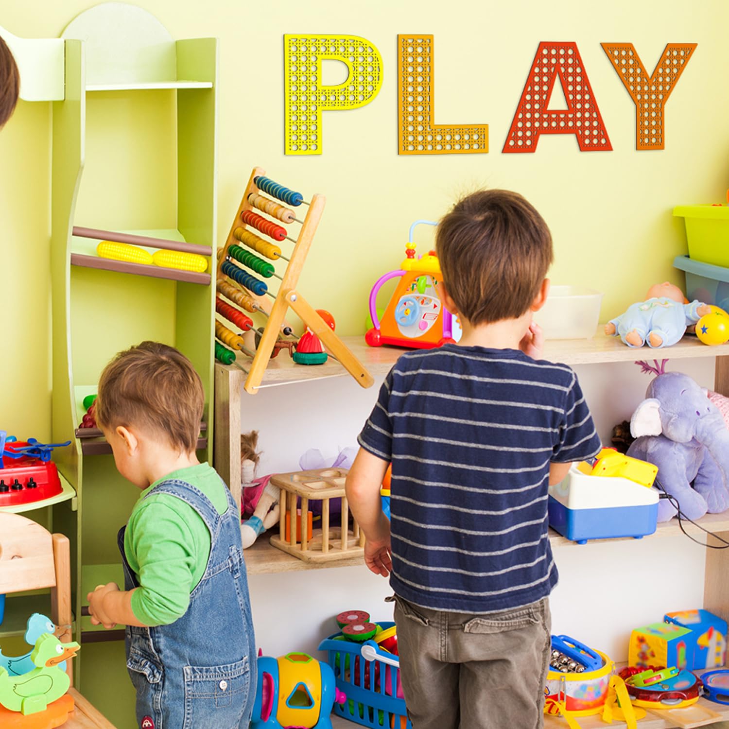 12 Inch Large Rattan Play Sign for Playroom Wall Decor - Boho Nursery Wooden Letters for Toddler Girls & Boys Bedroom - Perfect for Kids Room, Nursery, and Play Area Decorations