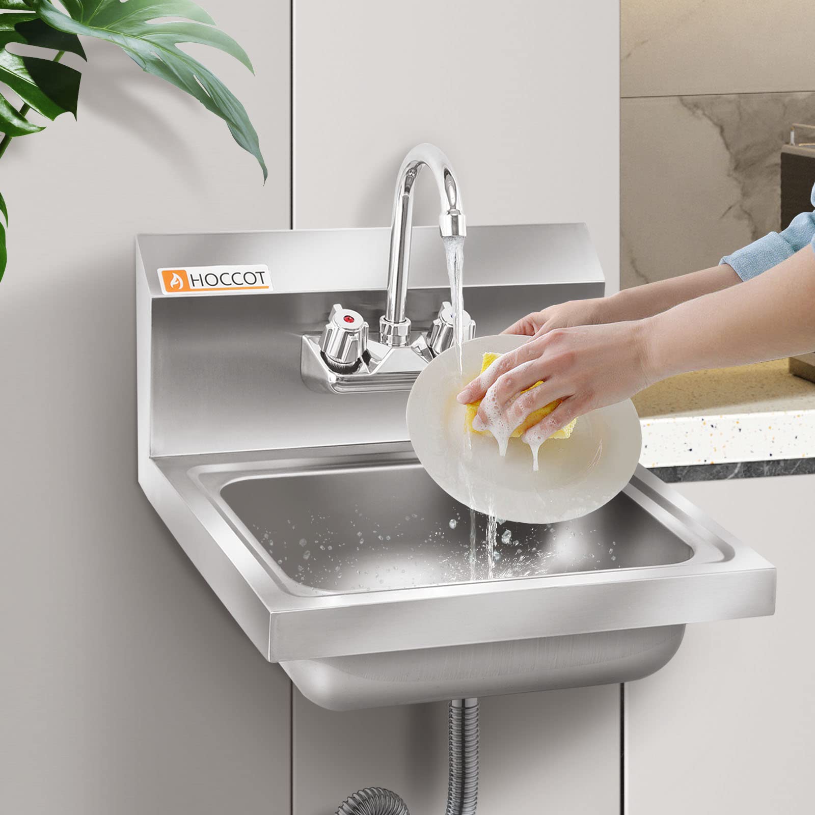 Premium 304 Stainless Steel Wall Mount Commercial Sink - Heavy Duty Restaurant Hand Washing Sink with Backsplash - 17