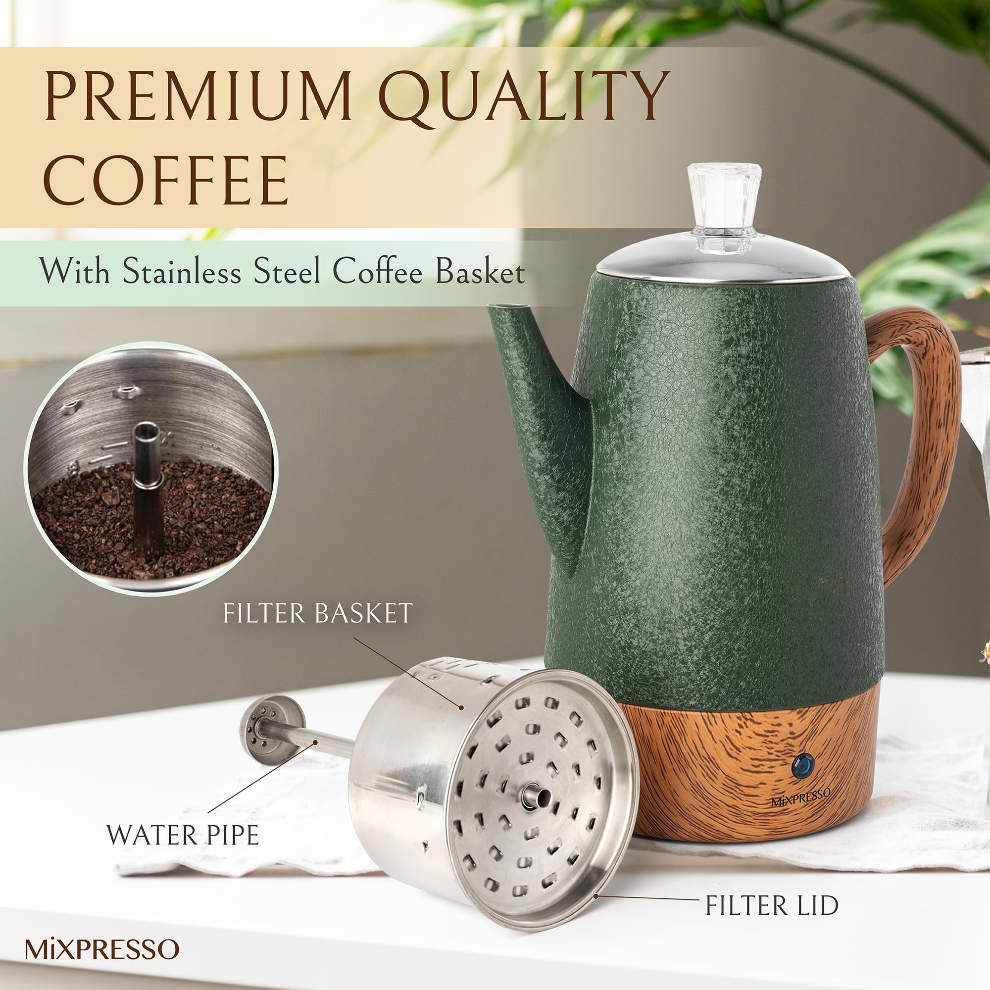 Mixpresso 10-Cup Electric Coffee Percolator with Keep Warm Function - Stainless Steel Coffee Maker with Basket for Home, Office & Camping (Shiny Green)