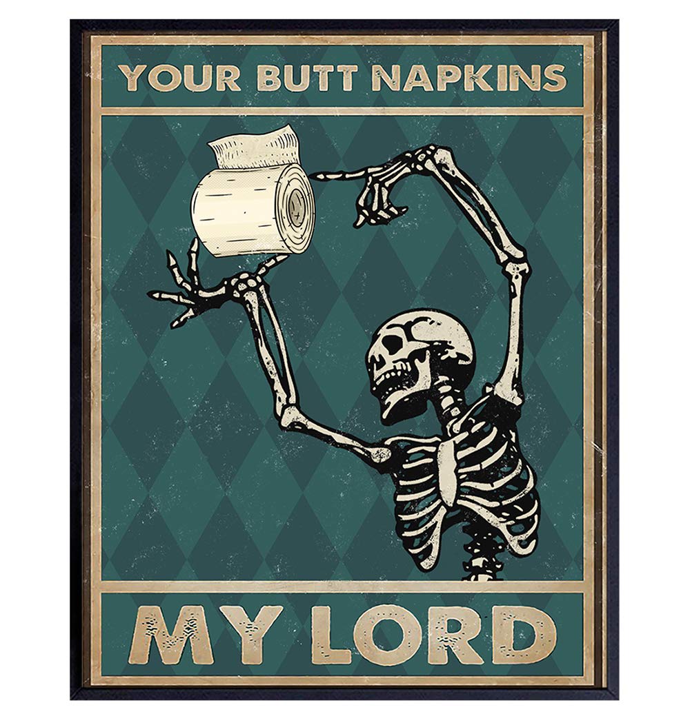 Funny Gothic Skeleton Bathroom Wall Art - 'Your Butt Napkins My Lord' Humorous Toilet Paper Decor - Unique Powder Room Sign & Restroom Wall Decoration - Perfect for Halloween, Gothic Homes & Funny Bathroom Themes