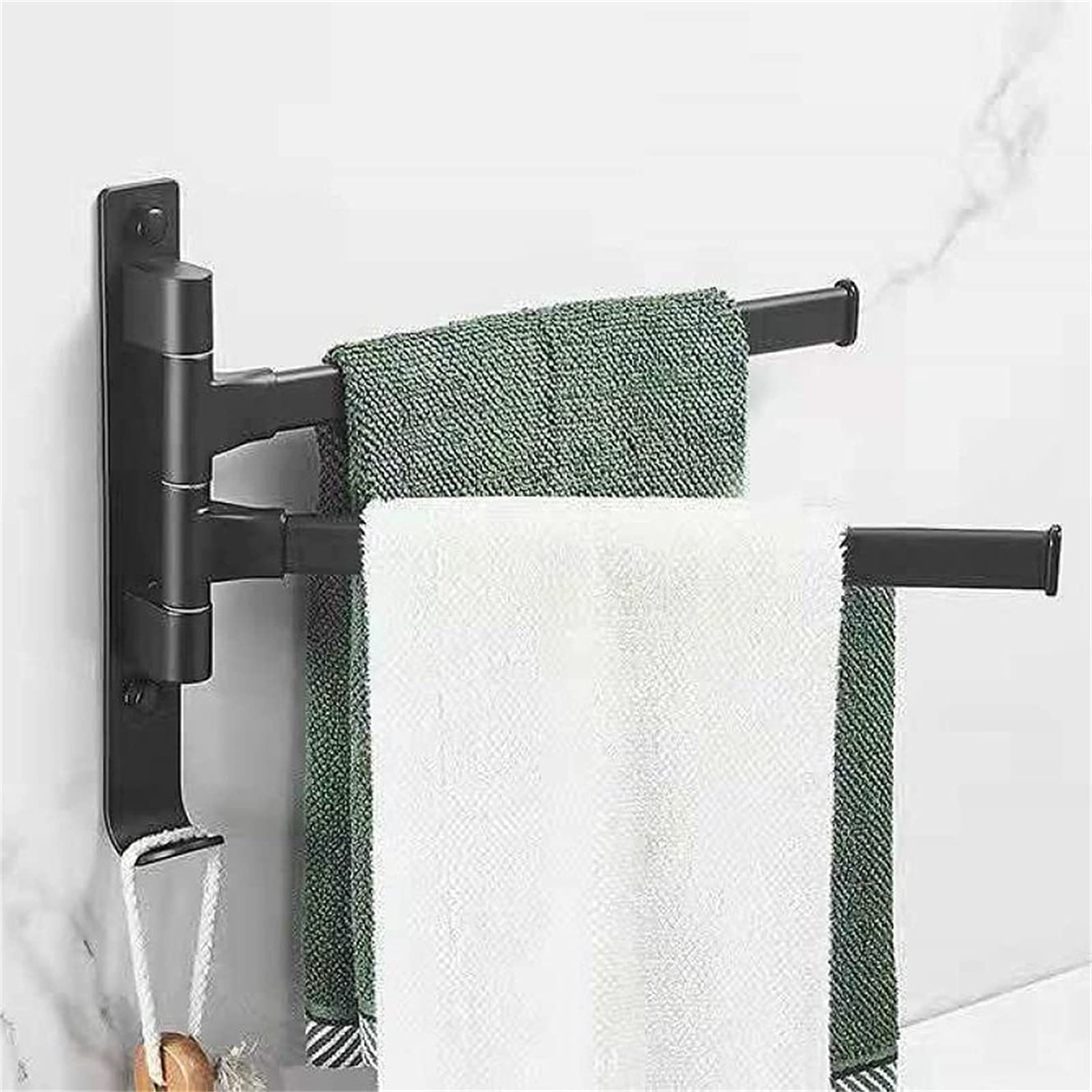 180° Swivel Wall Mounted Towel Rack with Hooks - Space Saving Rotating Towel Bar for Bathroom, Kitchen & Balcony - Durable Black Finish for Modern Home Organization