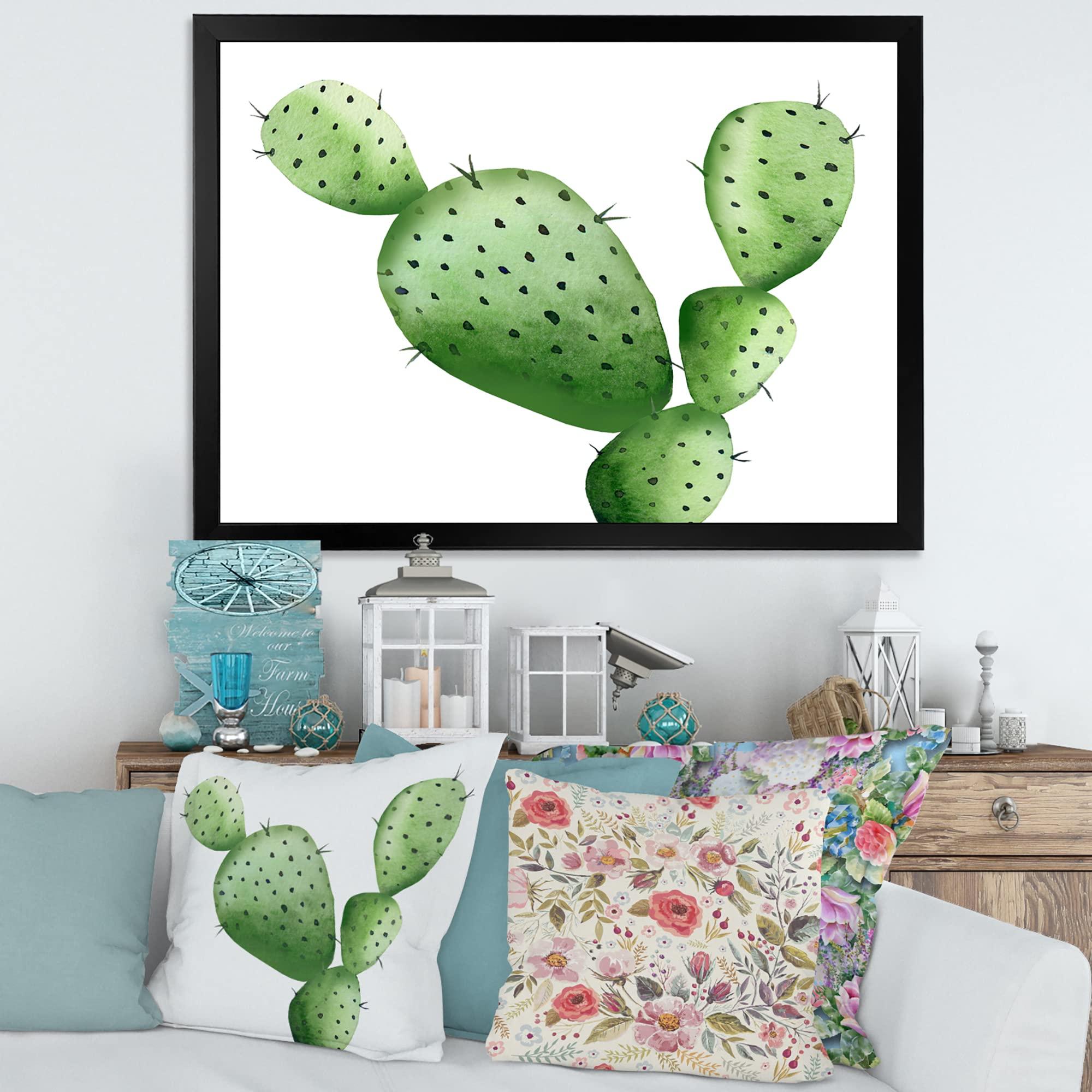 DesignQ Green Southwestern Cactus Tropical Framed Wall Art - Desert Inspired Home Decor for Living Room, Bedroom & Office | Ready to Hang Canvas Print