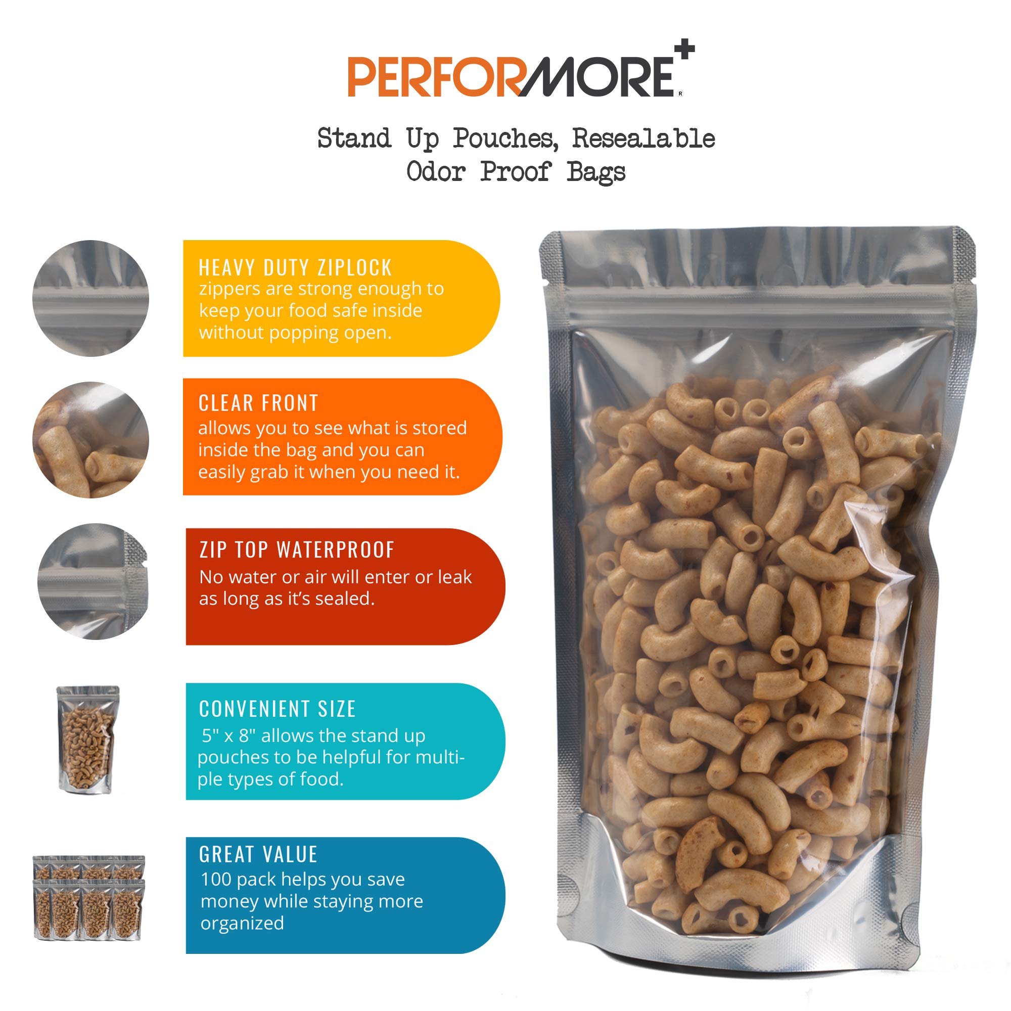 Performore 5 x 8 Inch Stand Up Pouch Bags - 100 Pack Heavy Duty Mylar Food Storage Bags with Resealable Ziplock, Odor Proof & Heat Sealable (Clear Front/Aluminum Foil Back) - Perfect for Coffee, Snacks, Pet Food & Meal Prep Storage