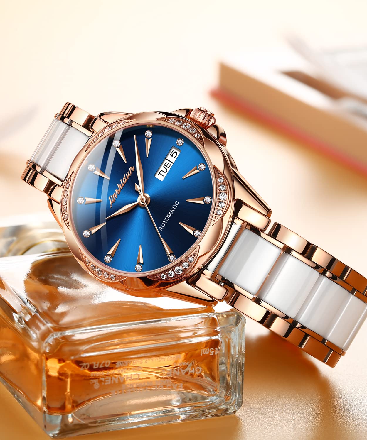 OLEVS Automatic Women's Watch with Blue Diamond Dial - Self-Winding Mechanical Watch, Ceramic & Stainless Steel Rose Gold Case, Day/Date Display, Water Resistant - Elegant Dress Watch for Women, Perfect Gift for Her | Office, Party, Wedding & Everyday Wear