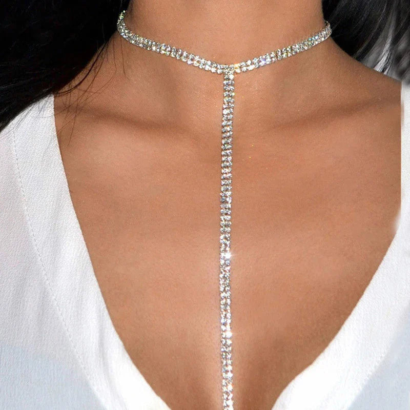Elegant Rhinestone Chain Necklace for Women - Sparkling Crystal Statement Choker with Long Tassel | Perfect for Parties, Weddings & Evening Events