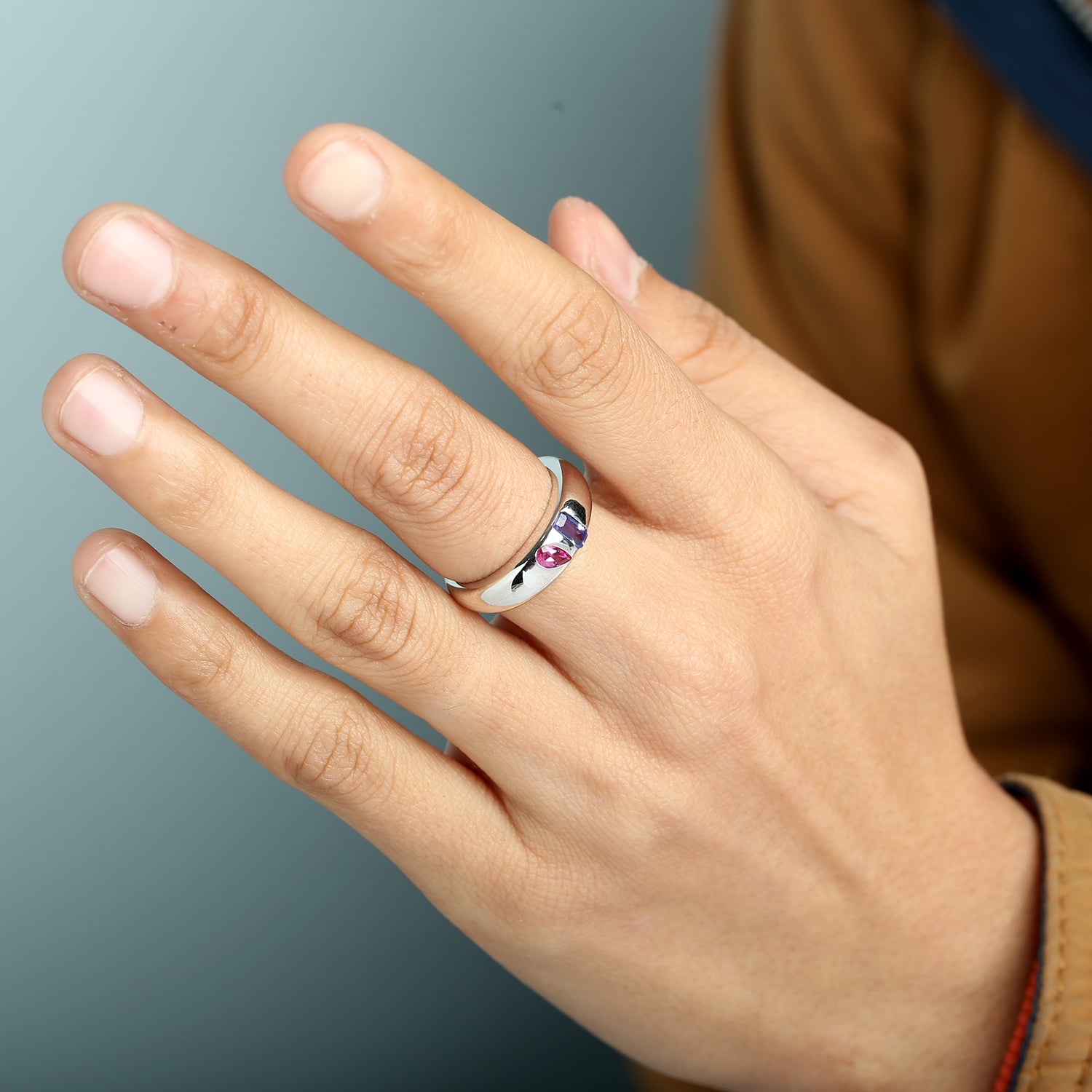 14K White Gold Baguette Cut Tanzanite and Pink Tourmaline Band Ring for Women | Elegant Bezel Set Wedding, Engagement, or Anniversary Jewelry Gift
