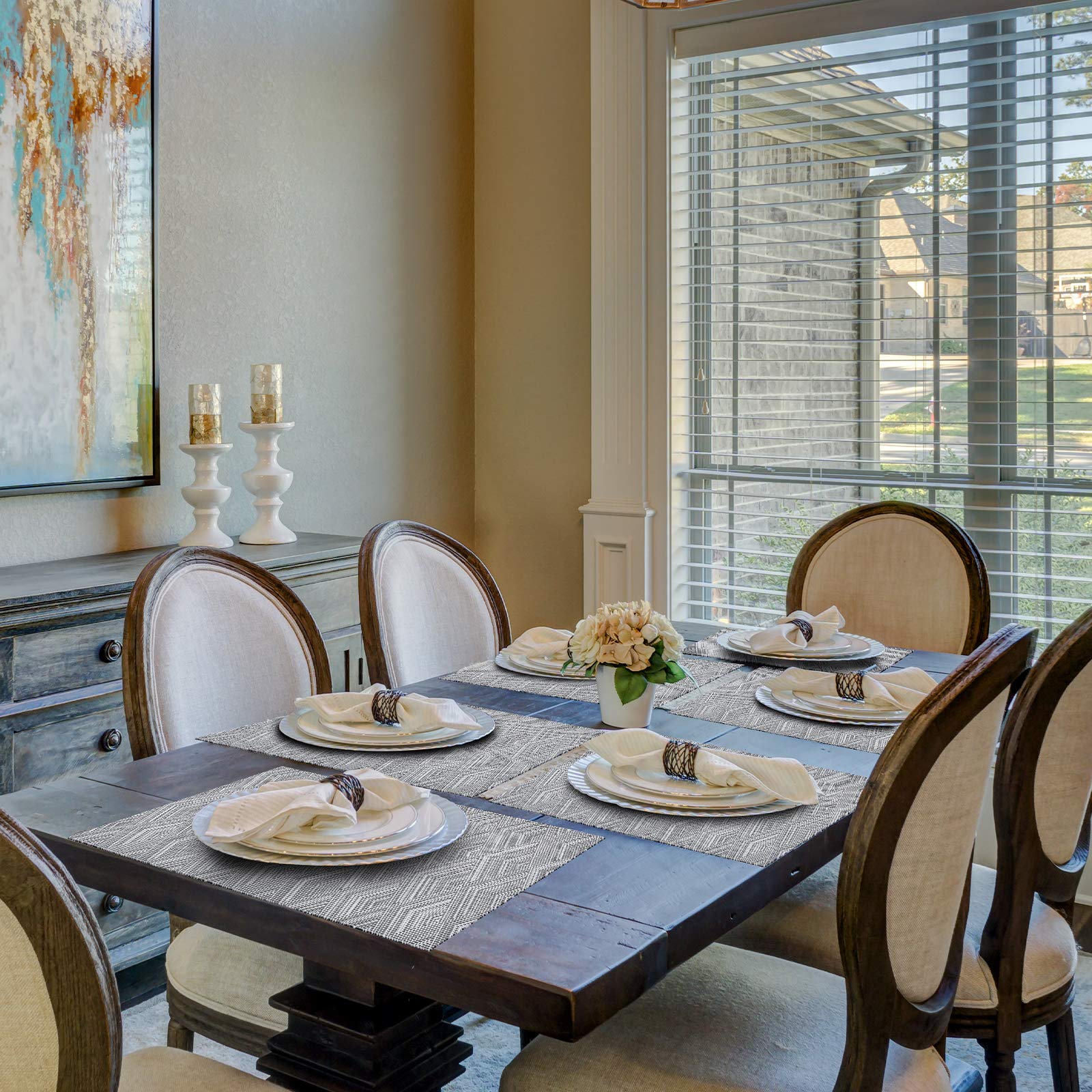 Aofmee Heat Resistant Placemats Set of 6 - Washable PVC Table Mats, Non-Slip Stain Resistant Woven Vinyl Place Mats for Kitchen & Dining Table - Perfect for Everyday Meals, Dinner Parties, and Holiday Gatherings