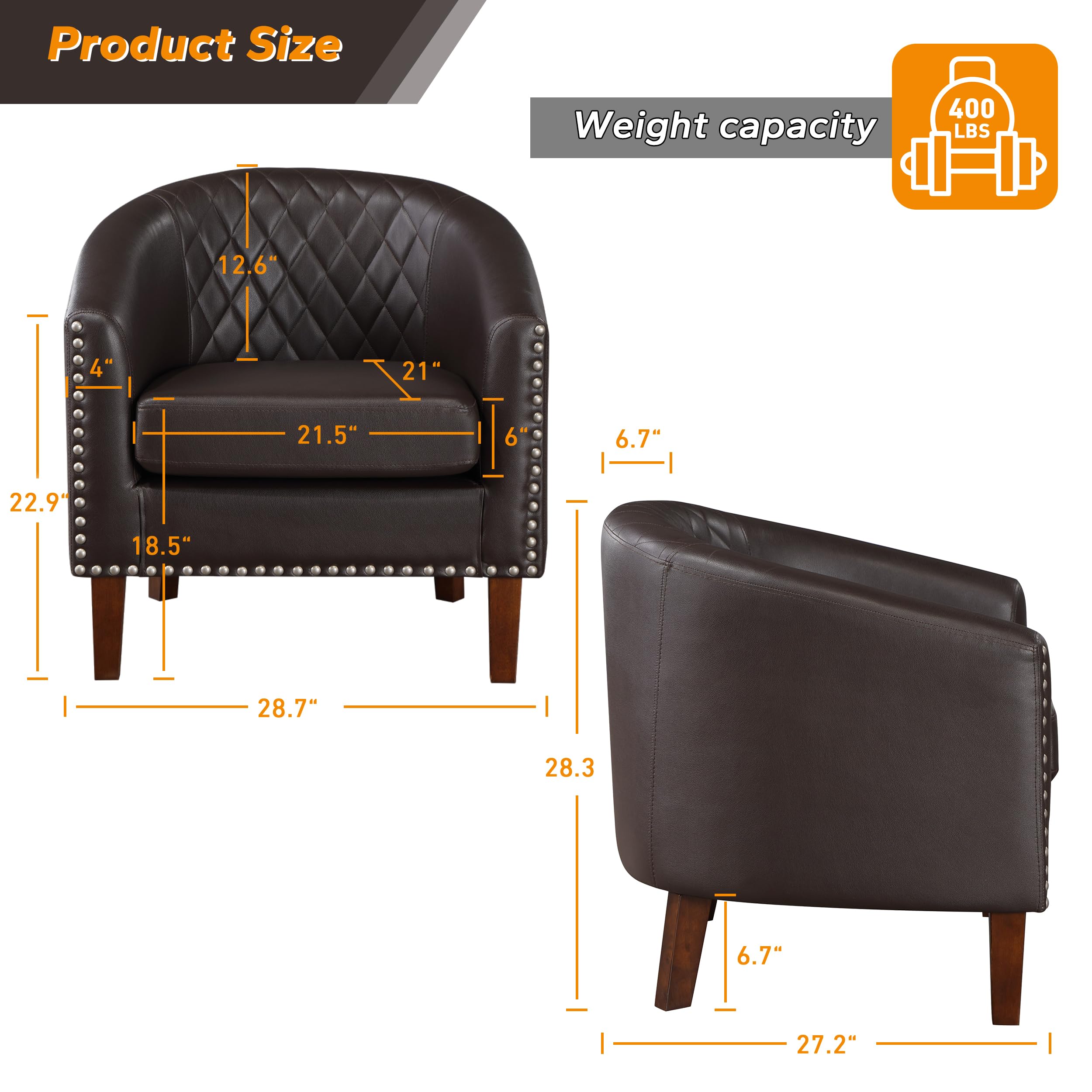 Premium Faux Leather Barrel Accent Chair Set of 2 - Comfortable Living Room Club Chairs with Cushion, Diamond Grid Backrest & Nailhead Trim - Perfect for Home Office, Bedroom, Guest Room & Waiting Areas (Brown) - Great for Relaxing, Reading or Adding Elegant Seating to Any Space