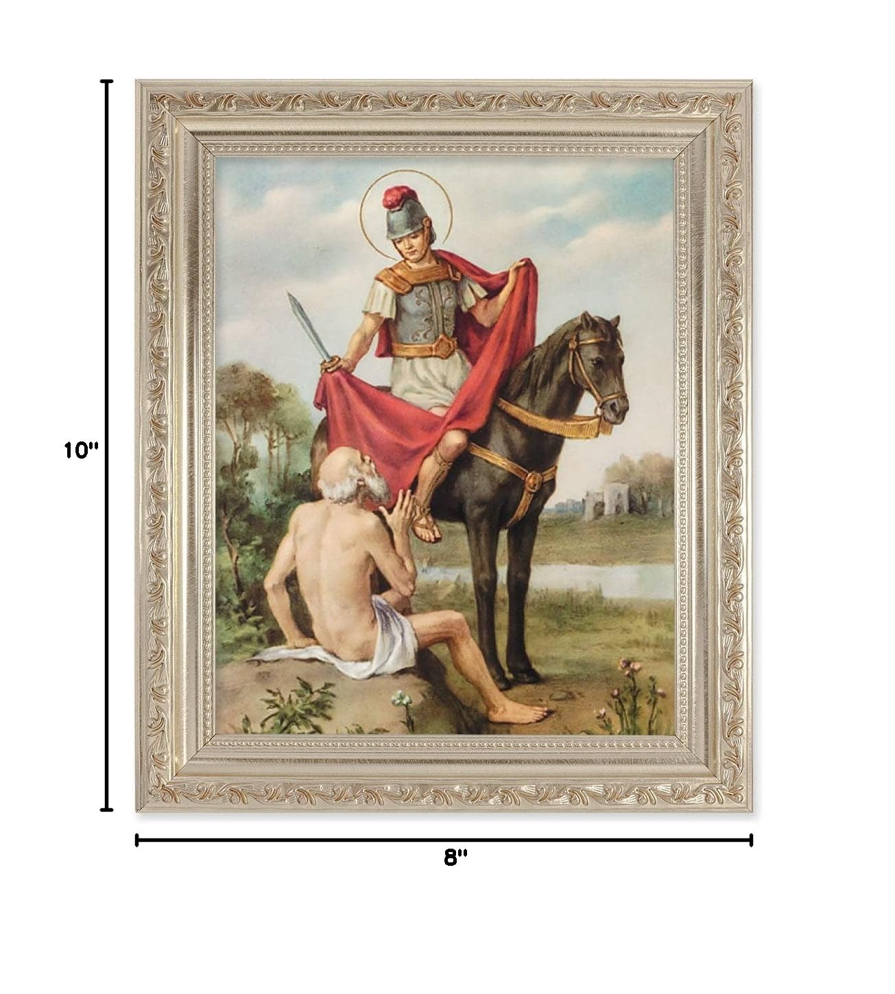 St. Martin of Tours Framed Wall Art - Large Antique Silver Religious Painting with Detailed Carved Scrollwork - Perfect for Church, Home Chapel, or Christian Gift