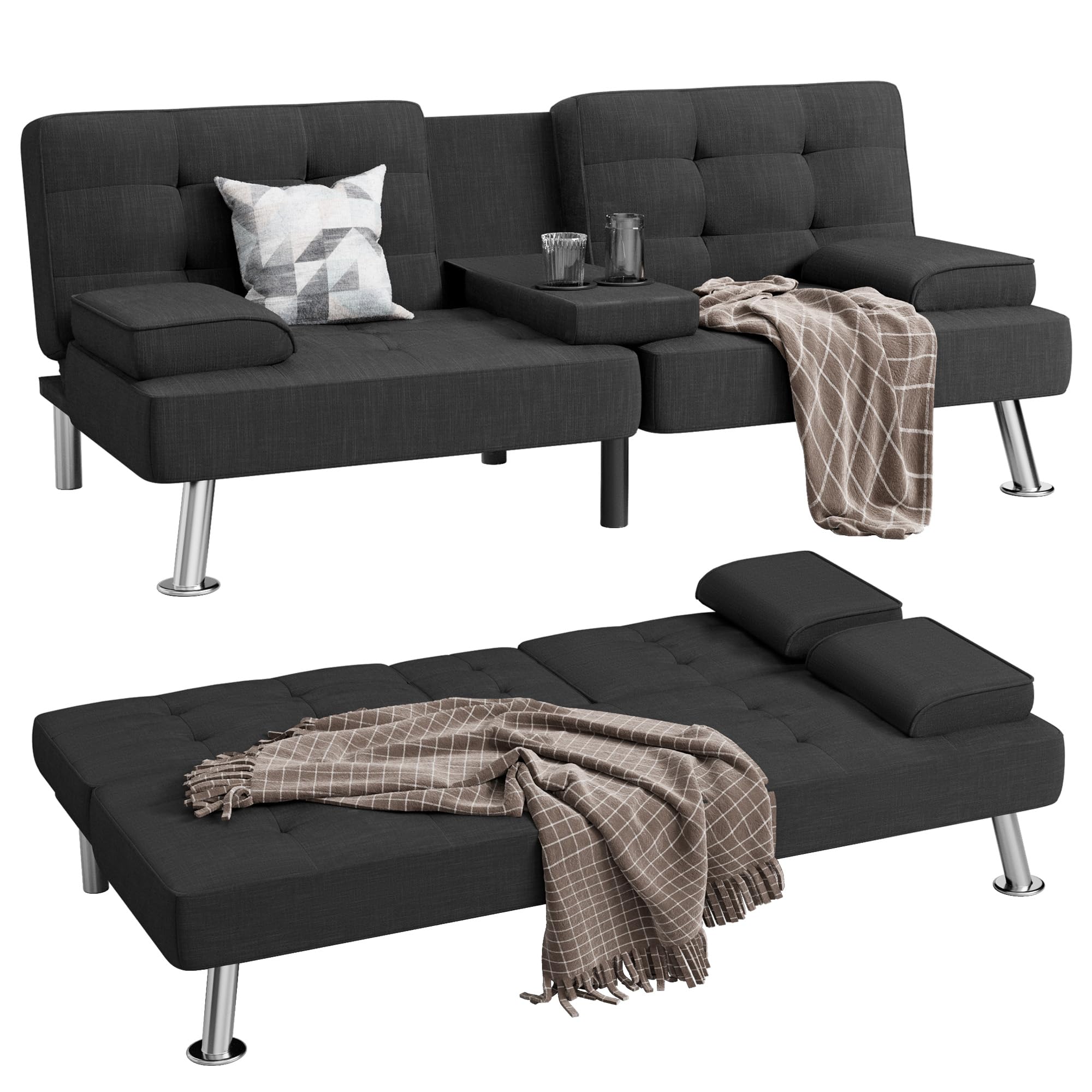 Modern Linen Upholstered Convertible Folding Futon Sofa Bed with Removable Armrests & 2 Cup Holders - Sturdy Metal Legs - Space-Saving Black Sleeper Sofa for Small Apartments, Guest Rooms & Studio Living Spaces