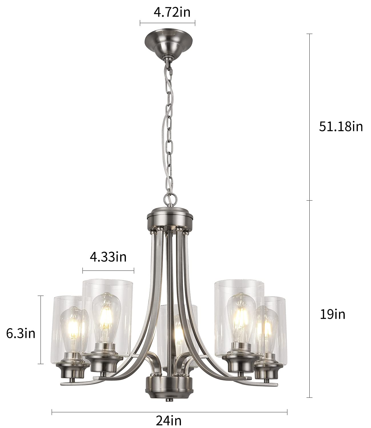 5-Light Clear Glass Modern Chandelier with Brushed Nickel Finish - Elegant Dining Room Ceiling Pendant Light for Foyer, Bedroom, Kitchen & Living Room | Perfect for Home Decor and Interior Lighting