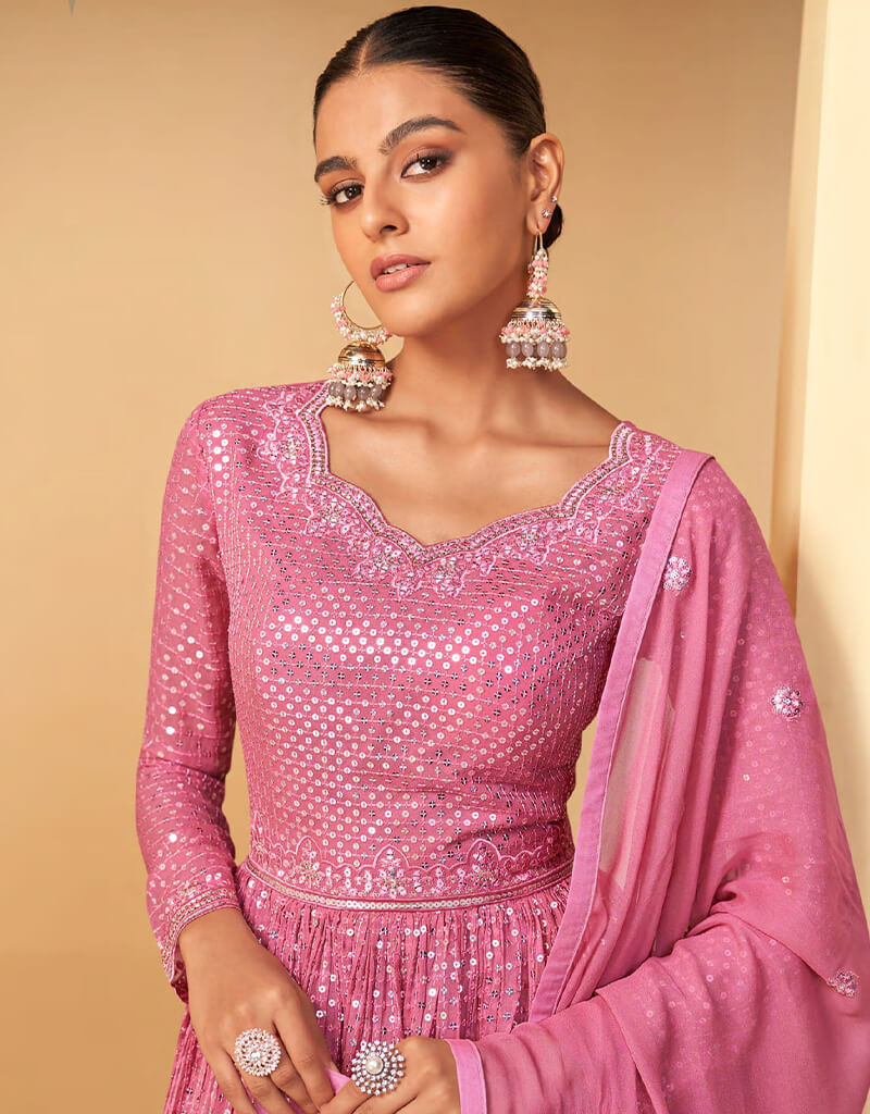Elegant Baby Pink Lehenga Style Semi-Stitched Suit for Women - Perfect for Weddings, Festivals & Special Occasions