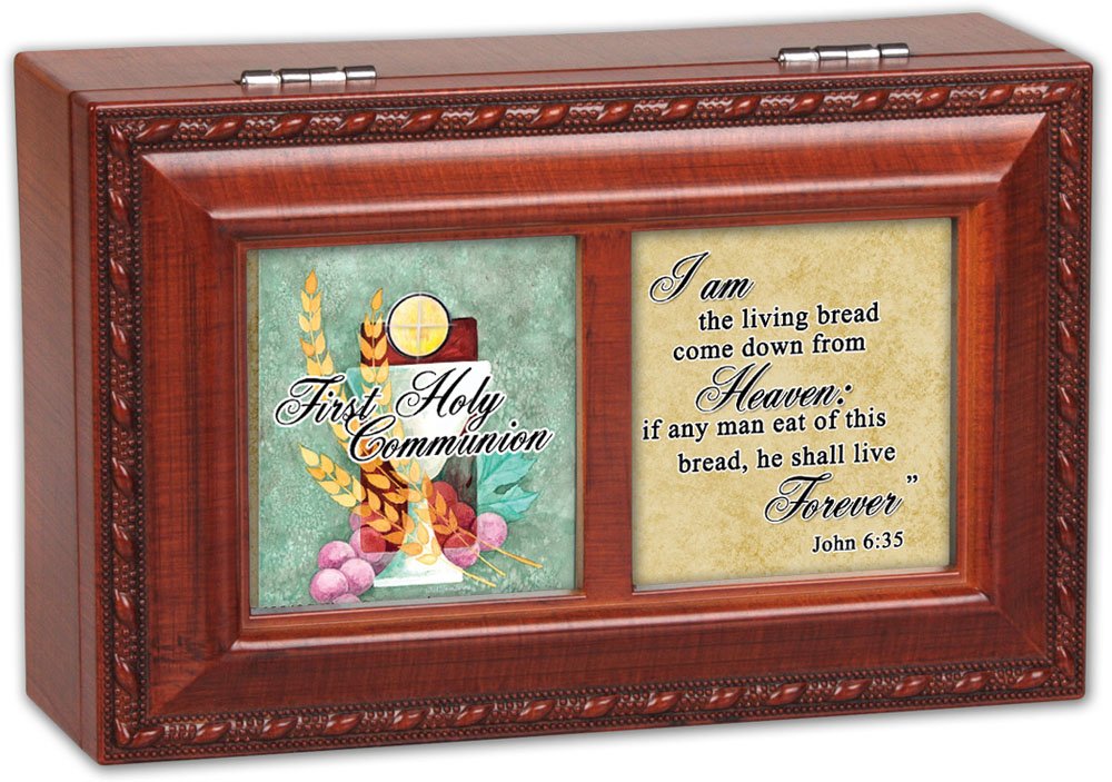 Elegant Cottage Garden First Communion Woodgrain Music Jewelry Box - Plays Ave Maria - Perfect for Gift Giving, Keepsakes & Special Occasions