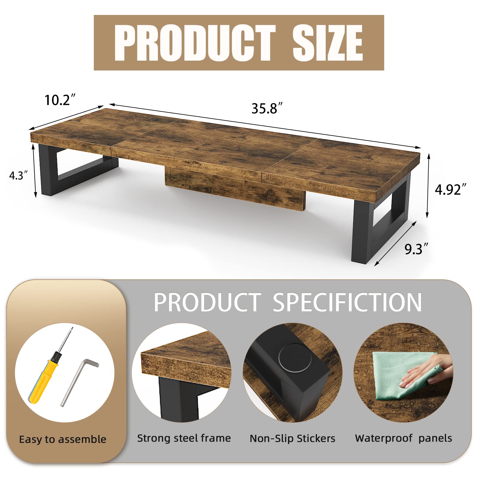 Premium WESTREE Dual Monitor Stand Riser - Sturdy Wood & Steel Computer Monitor Stand for 2 Screens - Multi-Purpose Desktop Organizer for PC, Laptop, Printer & TV - Perfect for Home Office, Gaming Setup & Workspace Organization