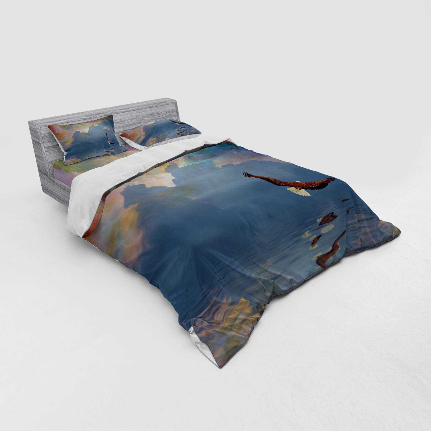 Ambesonne Eagle Duvet Cover Set - Majestic Bird Flying Over Sea & Starry Sky Freedom Design | 4-Piece Queen Size Bedding Set with Shams & Fitted Sheet | Perfect for Coastal, Nature-Inspired & Bohemian Bedroom Decor