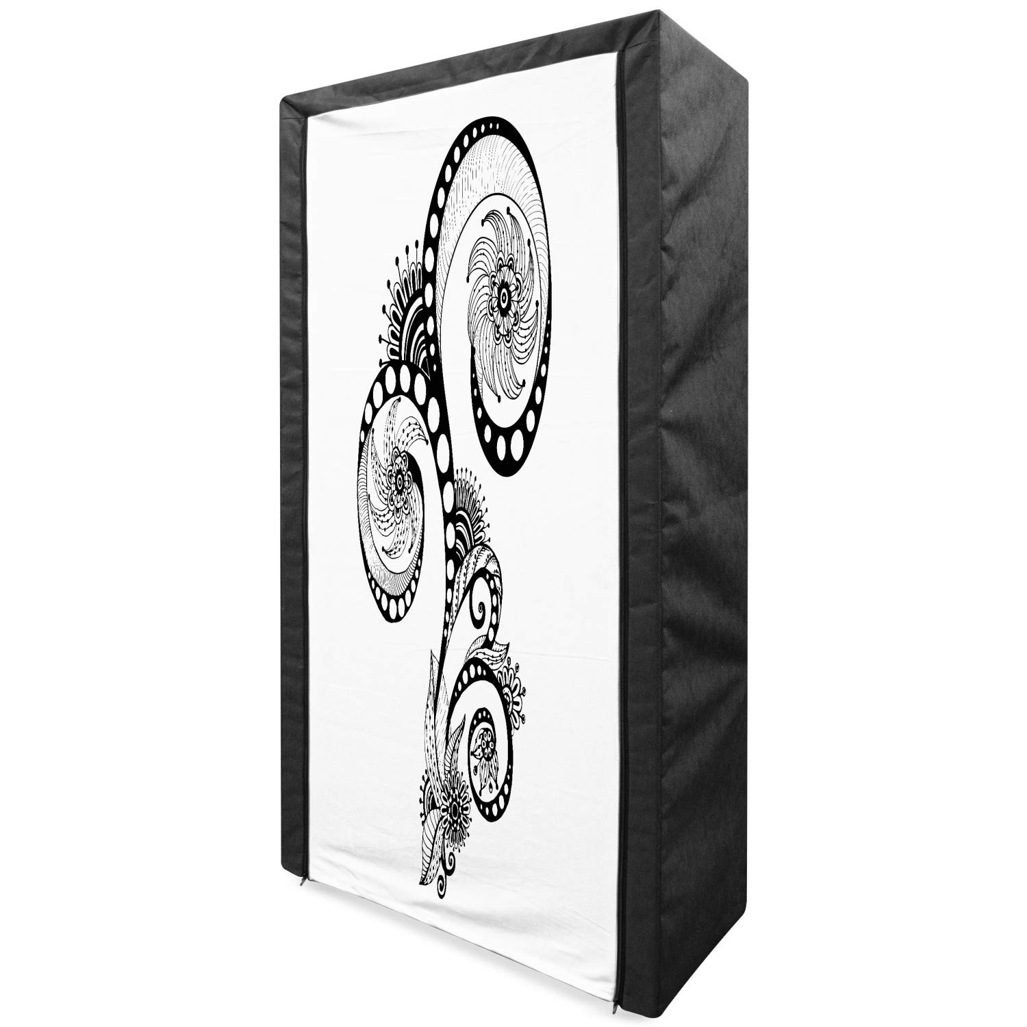 Ambesonne Portable Fabric Wardrobe - Black & White Abstract Floral Print Clothing Organizer with Shelves, 33.5 Inch | Perfect for Bedroom, Closet & Dorm Storage | Foldable Garment Rack for Seasonal Clothes & Accessories