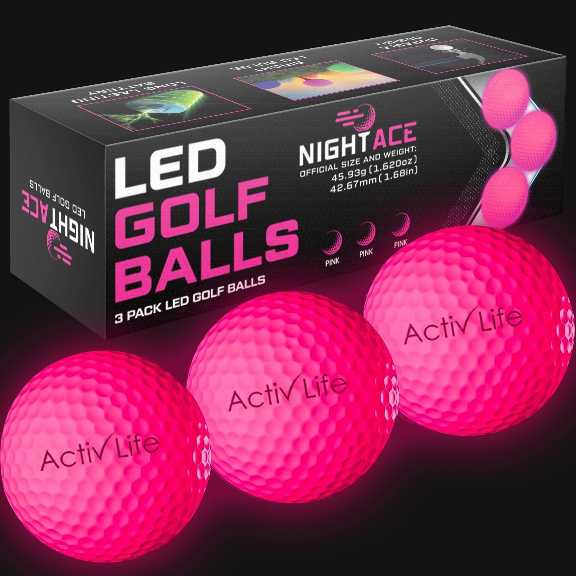 Activ Life Super Bright LED Golf Balls - Night Glow Golf Balls with 40-Hour Battery & 8-Min Retrieval - Perfect for Night Golf & Driving Range Practice - Great Gift for Golf Enthusiasts & Men