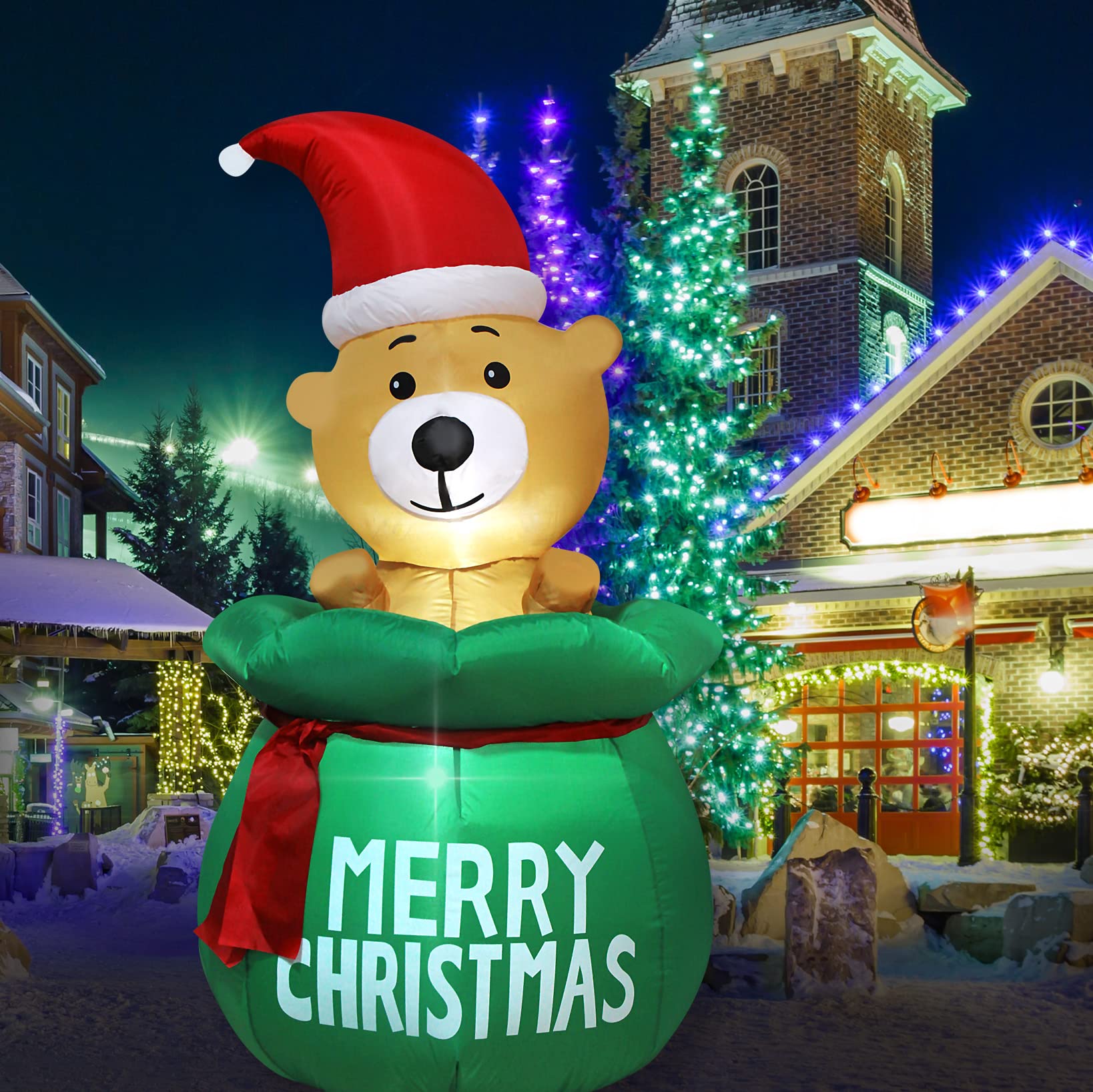 5FT Inflatable Christmas Bear with Santa's Bag - LED Lighted Outdoor Holiday Decoration with Built-in Fan & Anchor Ropes - Perfect for Front Yard, Lawn, Garden, and Christmas Party Decor