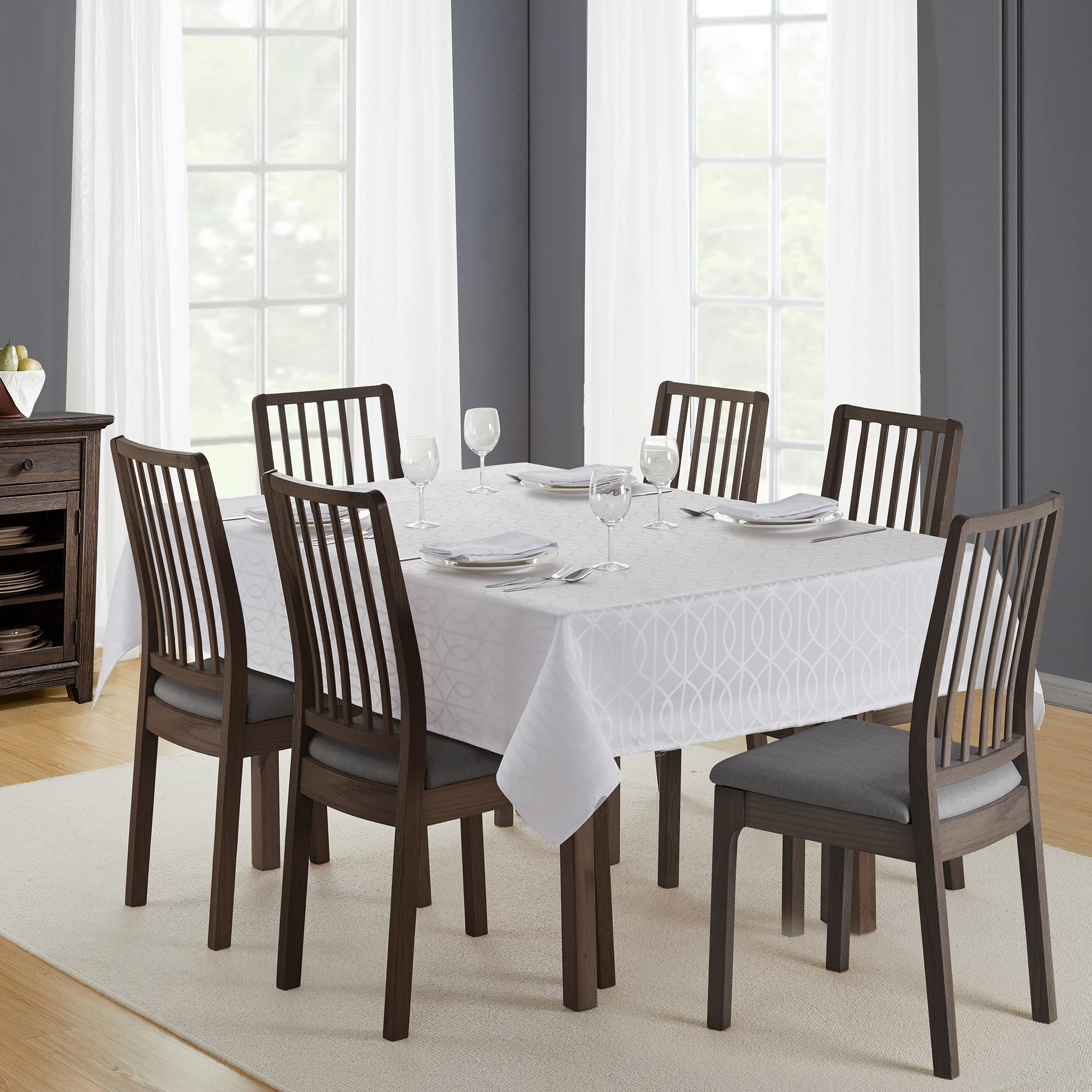 Premium TEFLON Branson Jacquard 100% Microfiber Tablecloth - Spill Proof, Wrinkle Resistant & Highly Durable for Restaurants - 52x70 Inch White - Perfect for Indoor & Outdoor Dining, Parties, and Events