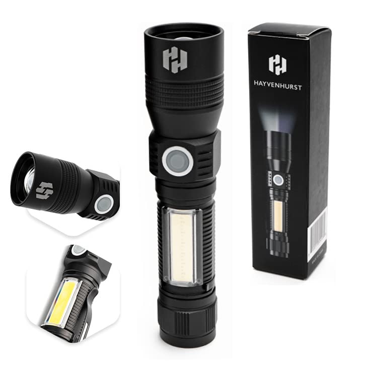 Hayvenhurst LED Flashlight - Compact Rechargeable Tactical Flashlight with 3 Modes | EDC Flashlight for Camping, Hiking & Emergency Power Outage | Durable Black Body