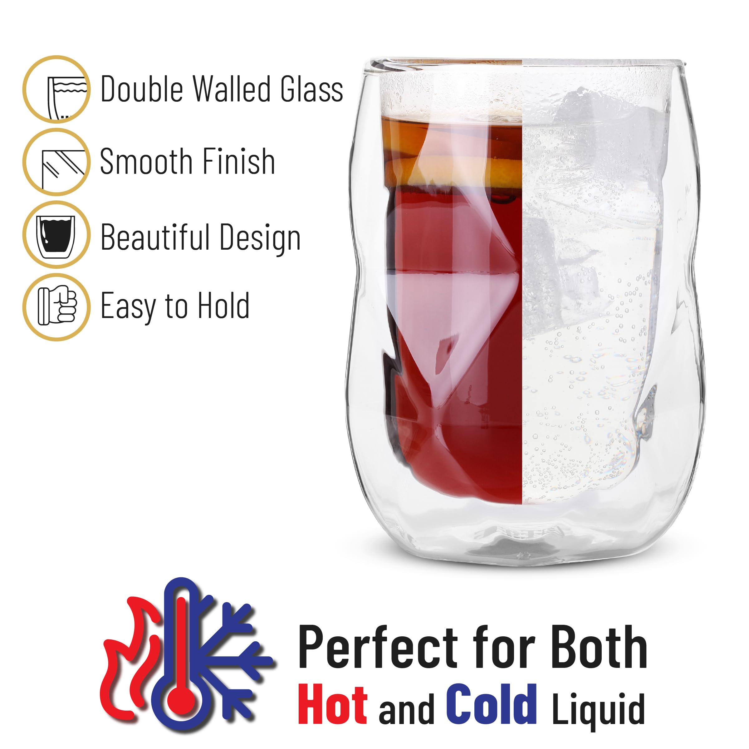 BTaT- 12oz Double Wall Insulated Glass Coffee Mug Set of 4 - Diamond Shape Clear Cups for Hot & Cold Drinks - Perfect for Coffee, Tea, Latte at Home, Office or Travel