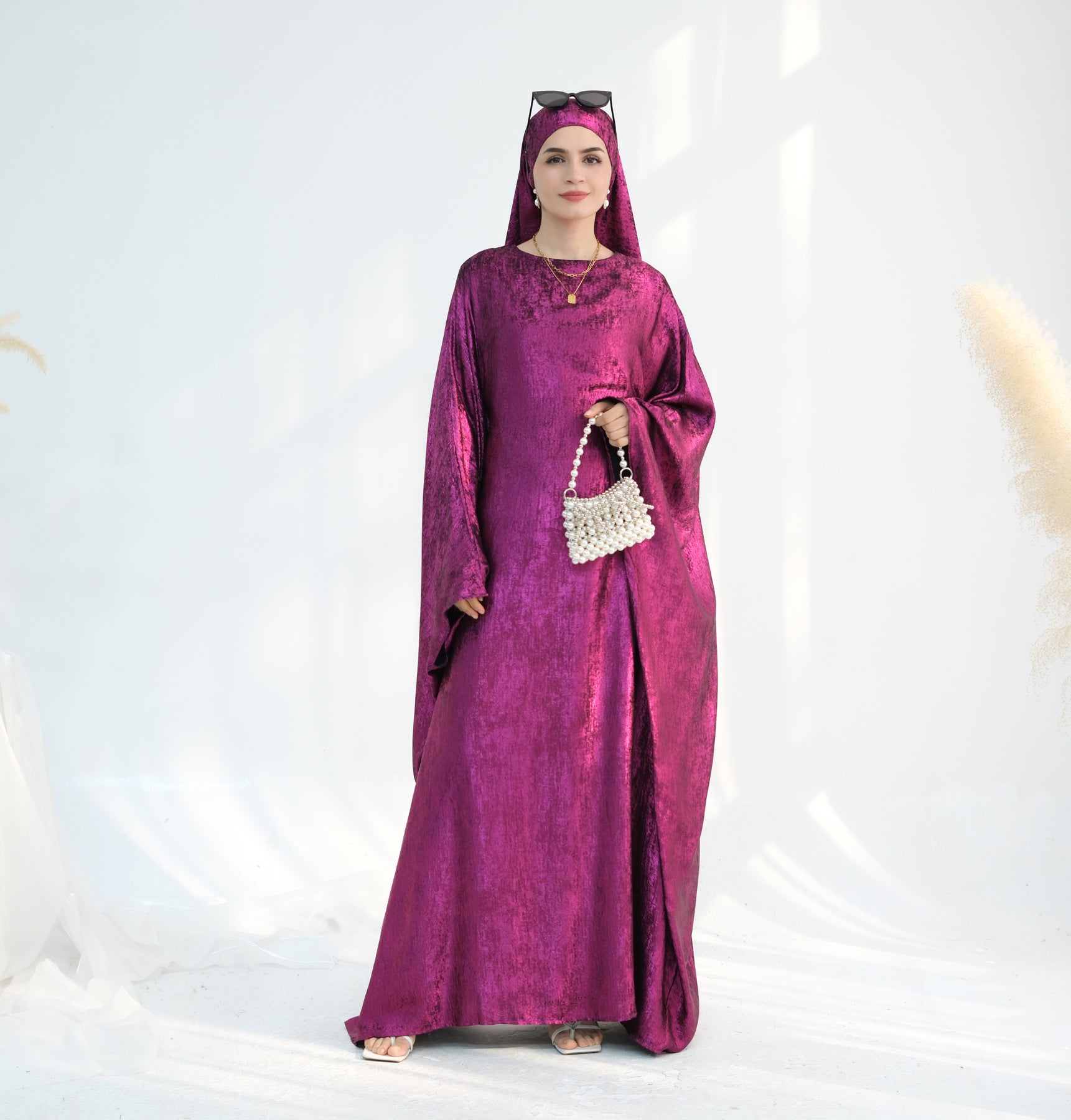 Linora Shimmer Butterfly Abaya - Elegant Magenta Islamic Dress for Women | Perfect for Eid, Prayer, and Special Occasions