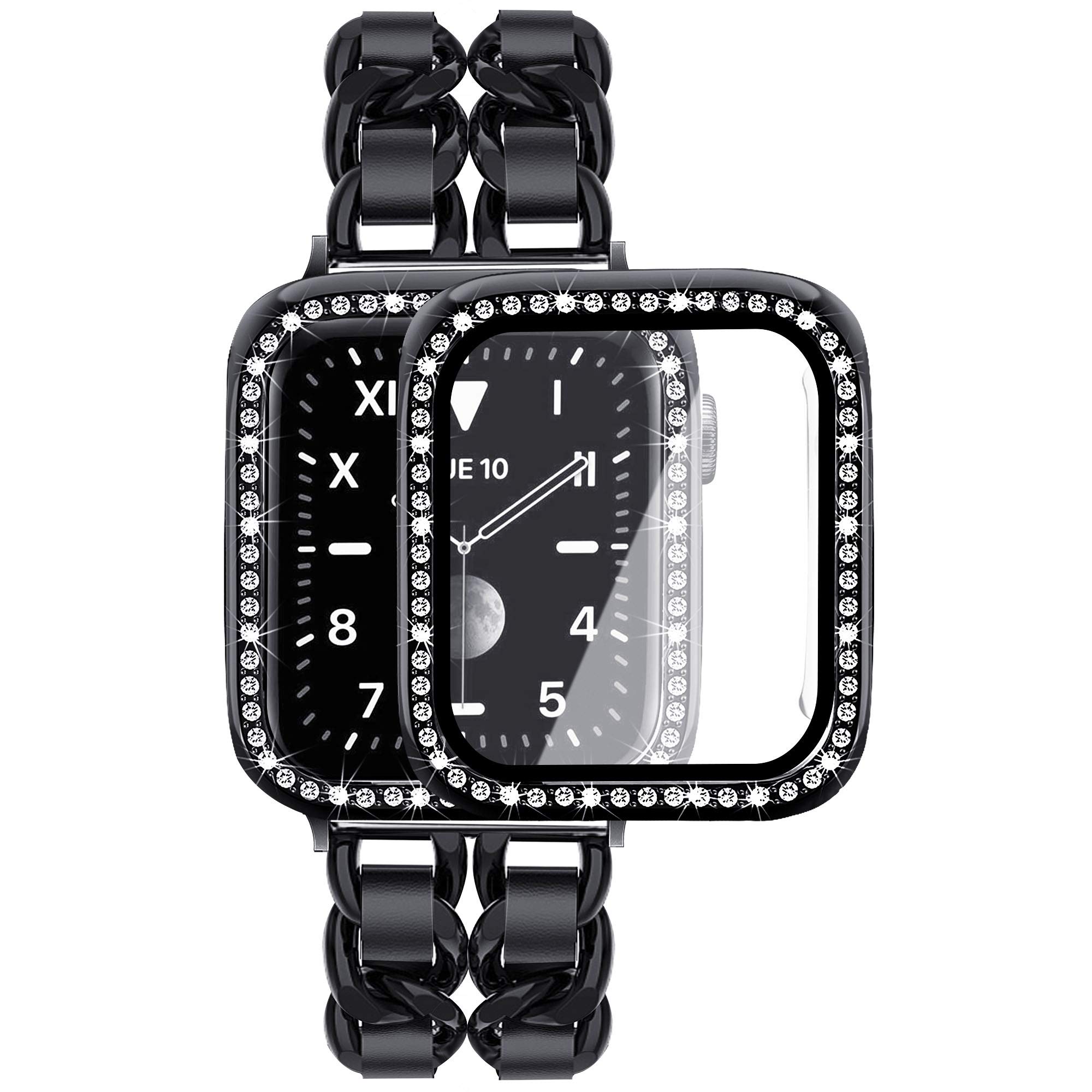 Mosonio Compatible Apple Watch Band 40mm with Screen Protector & Jewelry Bracelet - 2-Pack Bling Case Cover for iWatch Series SE/6/5/4 (Black Link & Leather) - Perfect for Workouts, Office & Fashion Accessories
