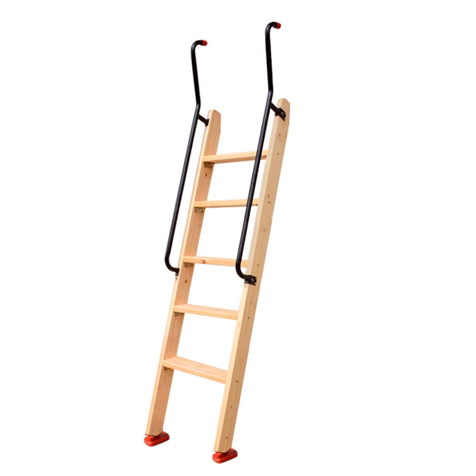 5-Step Wooden Library Ladder with Extra Long Handrail & Wide Non-Slip Steps - 60 Inch Heavy Duty Bed Ladder for Twin Bunk Beds, Loft Beds & Dorm Rooms (300lbs Capacity) - Perfect for Home Libraries, Kids' Rooms & College Dorm Organization (Wood Color)