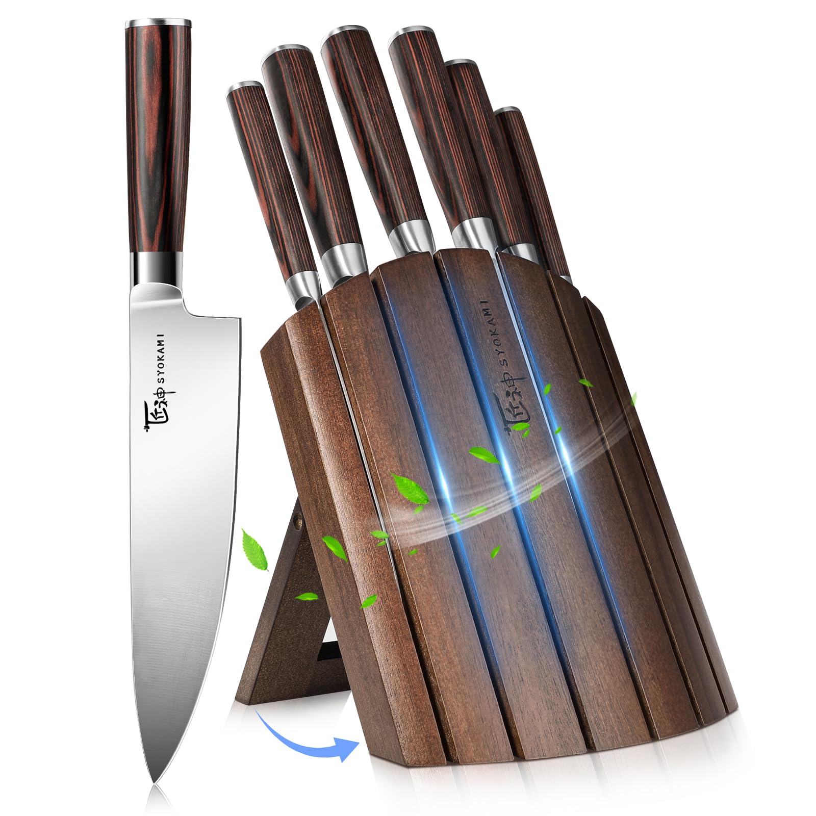 Premium 7-Piece Japanese Style Kitchen Knife Set - High Carbon Stainless Steel Blades with Anti-Slip Ergonomic Handles & Foldable Magnetic Acacia Wood Block - Professional Chef Knives for Meat, Vegetables, Sushi - Perfect Gift for Home Cooks and Culinary Enthusiasts