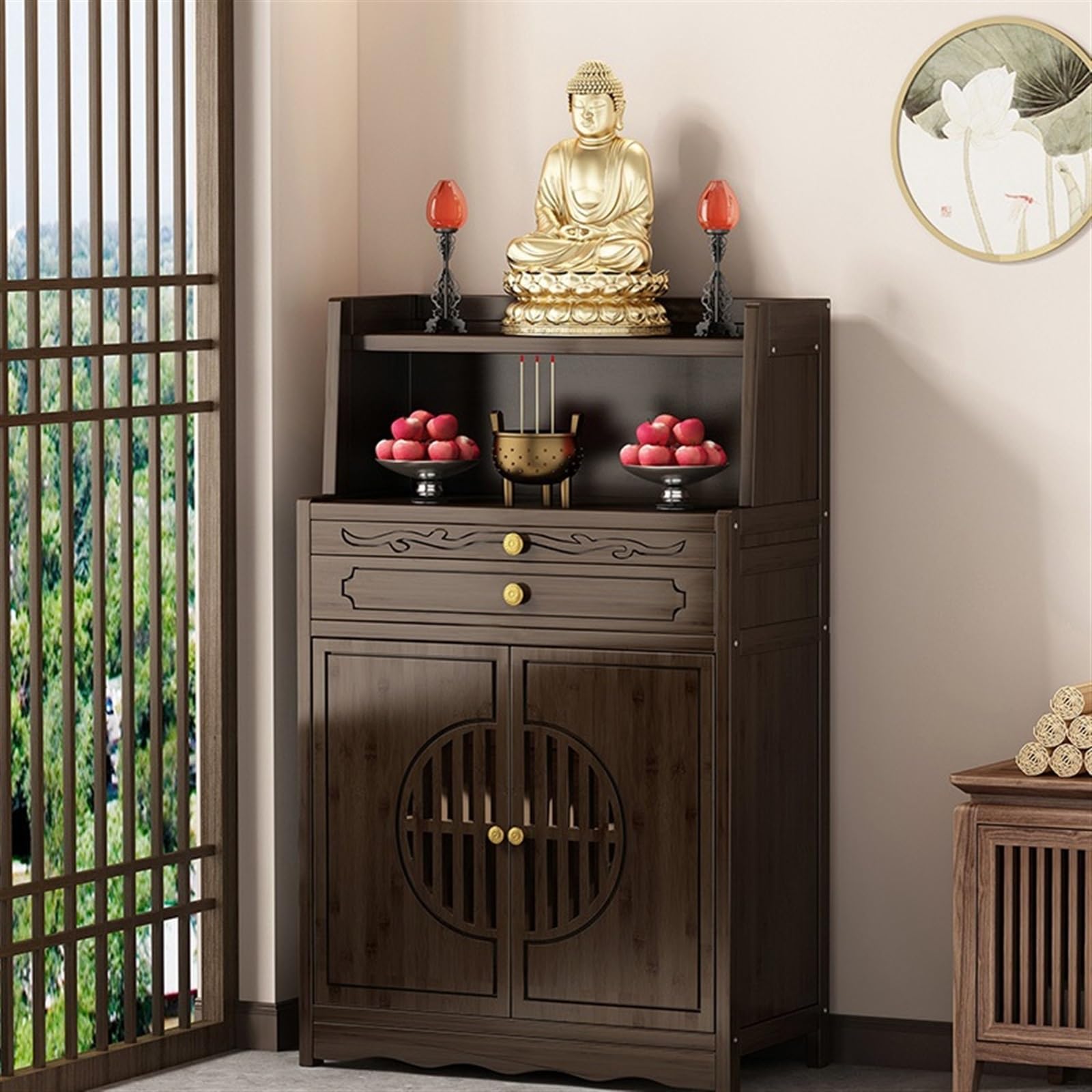 Chinese Buddhist Altar Table - Handcrafted Wooden Shrine Cabinet for Buddha, Guanyin & Wealth God Display | Home Meditation, Puja & Offering Table for Spiritual Practice & Decor