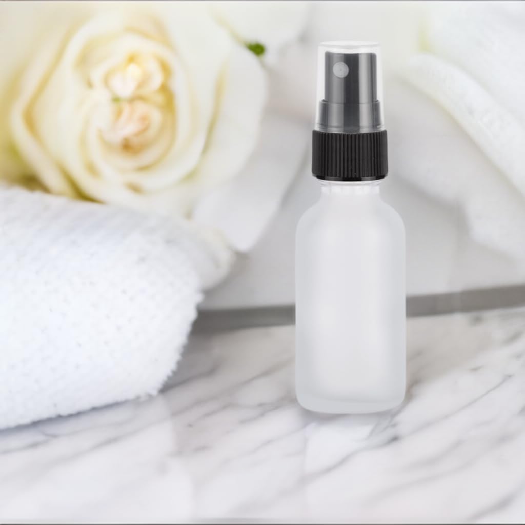 JUVITUS 2 oz Frosted Clear Glass Boston Round Bottles with Black Mist Sprayer (24 Pack) + Free Funnel - Perfect for Essential Oils, DIY Beauty Products & Home Cleaning Solutions