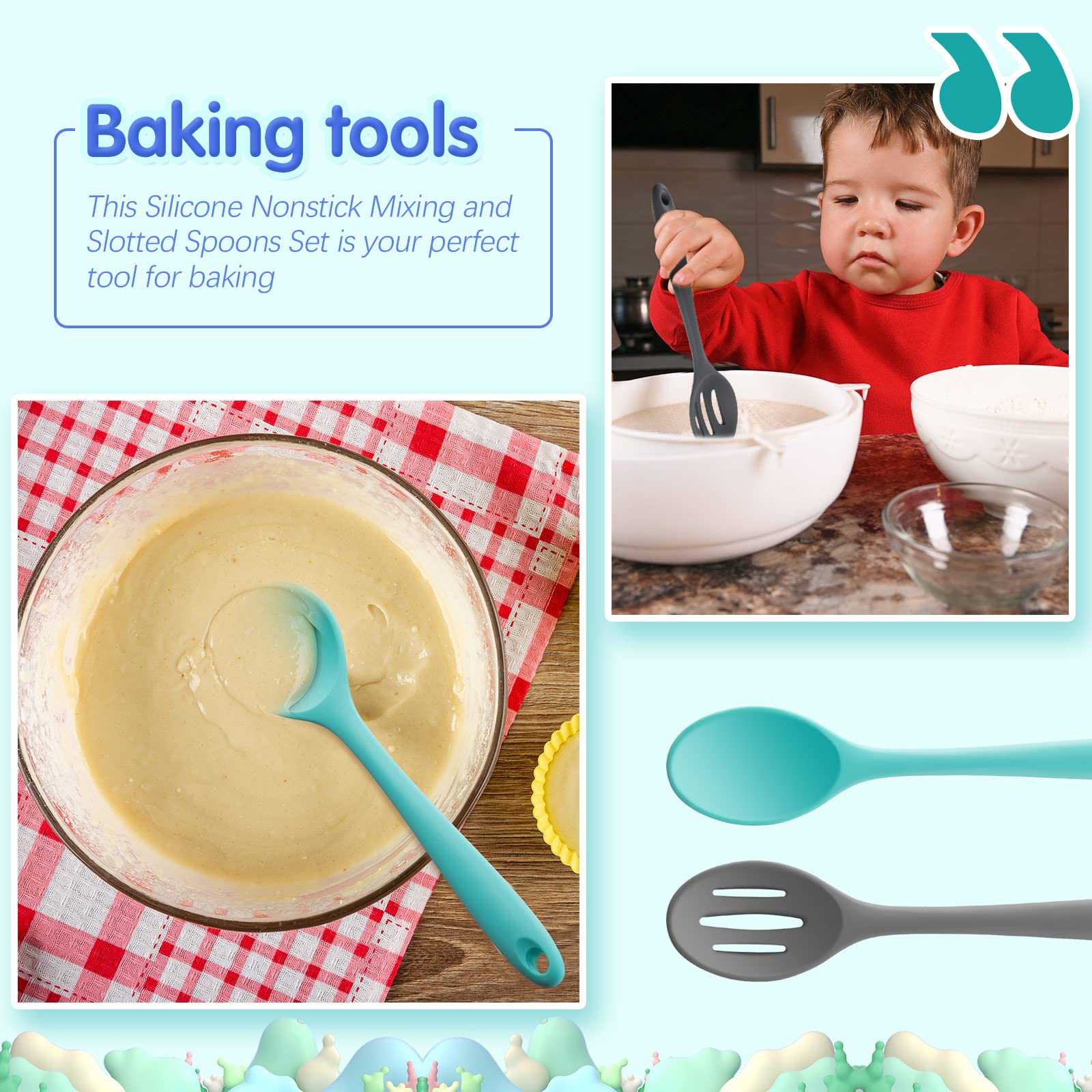 Dandat 4-Piece Silicone Non-Stick Mixing Spoon Set - Heat Resistant Cooking Utensils for Baking, Stirring, Basting & Serving - Kitchen Tools for Everyday Cooking & Meal Prep (Novel Style, Medium)