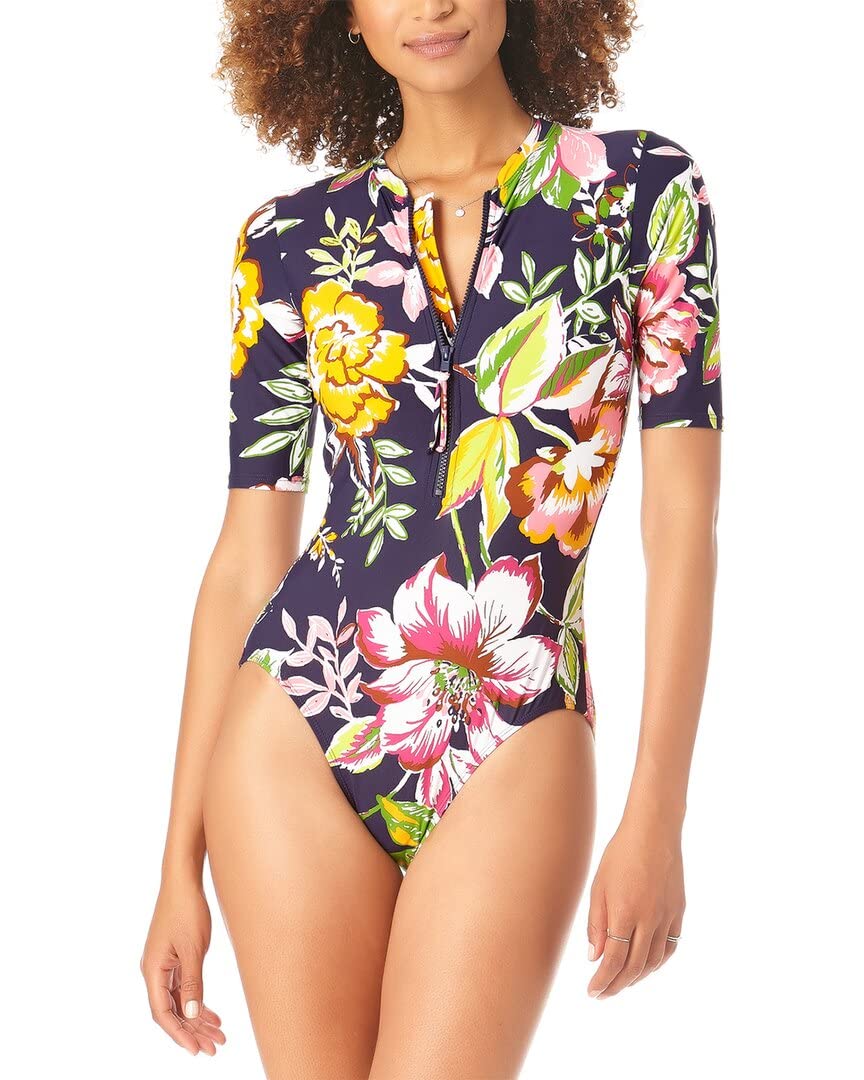 Anne Cole Women's Half-Sleeve Front-Zip One-Piece Swimsuit - Perfect for Beach, Pool & Vacation Wear