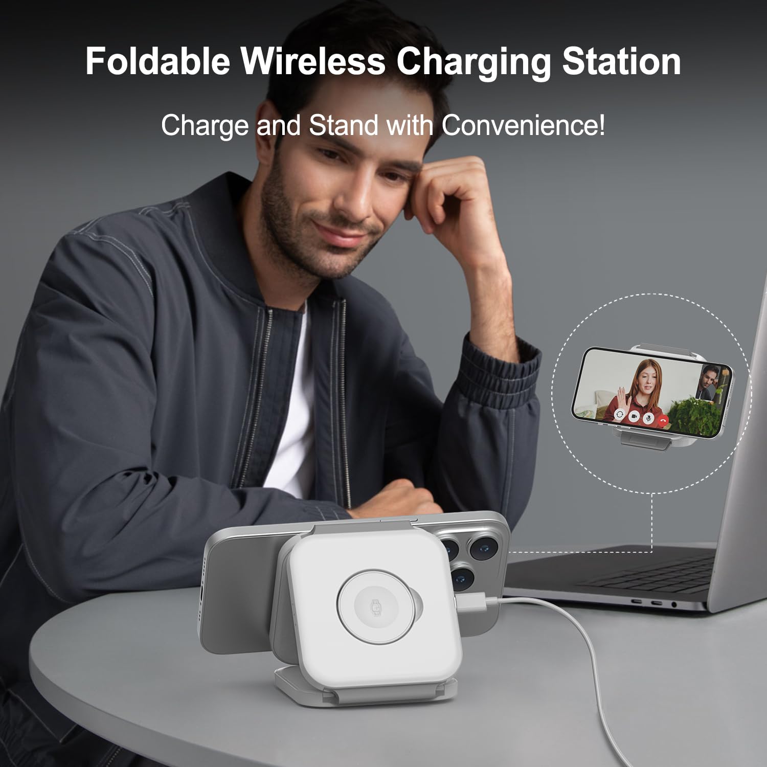 3-in-1 Magnetic Wireless Charger for iPhone 16/15/14, Apple Watch & AirPods - Portable Travel Charging Station (White)