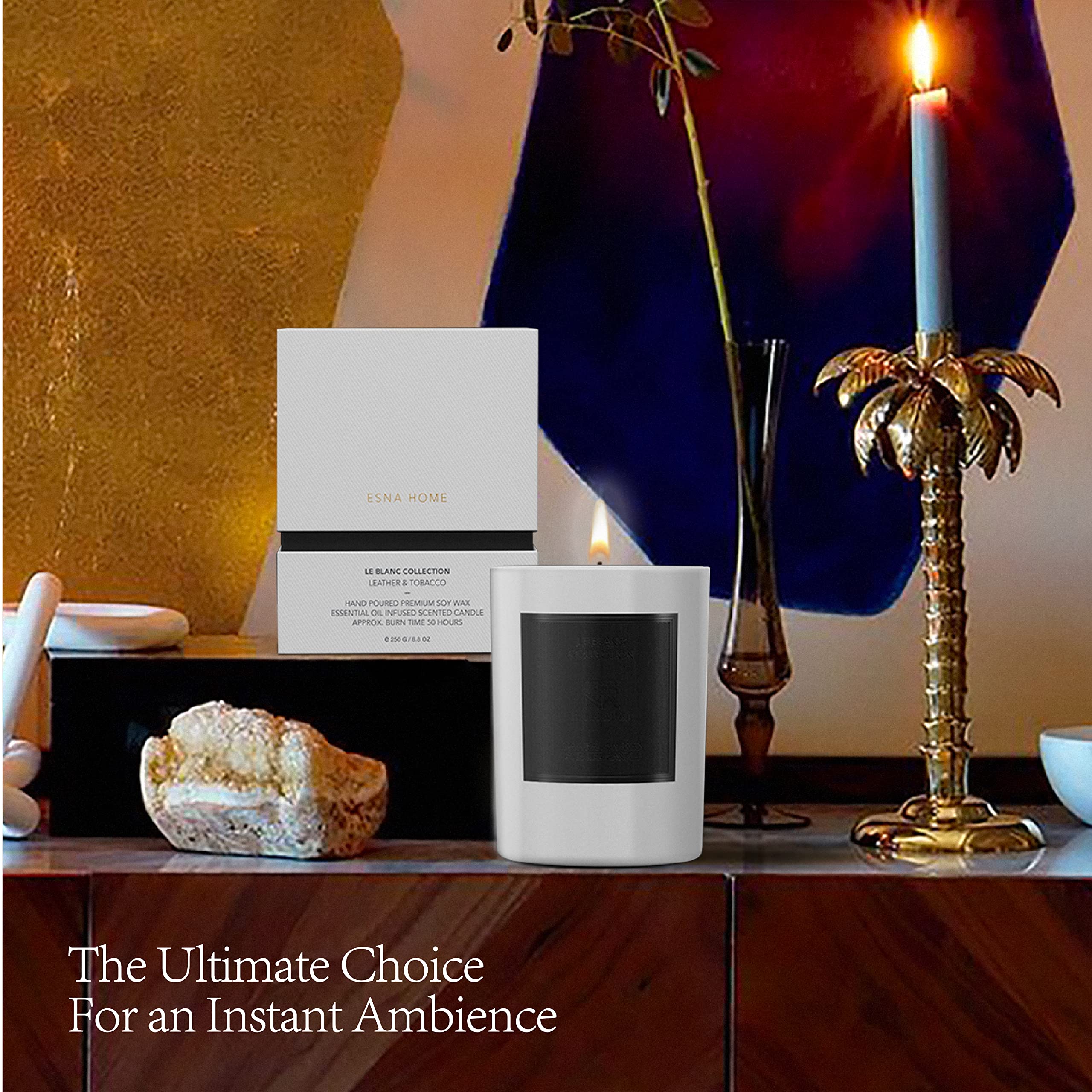 ESNA HOME Leblanc Leather & Tobacco Scented Soy Candle - 8.8oz All Natural Essential Oils Aromatherapy Candle - 50 Hours Burn Time - Perfect for Mother's Day Gifts, Home Decor & Relaxation