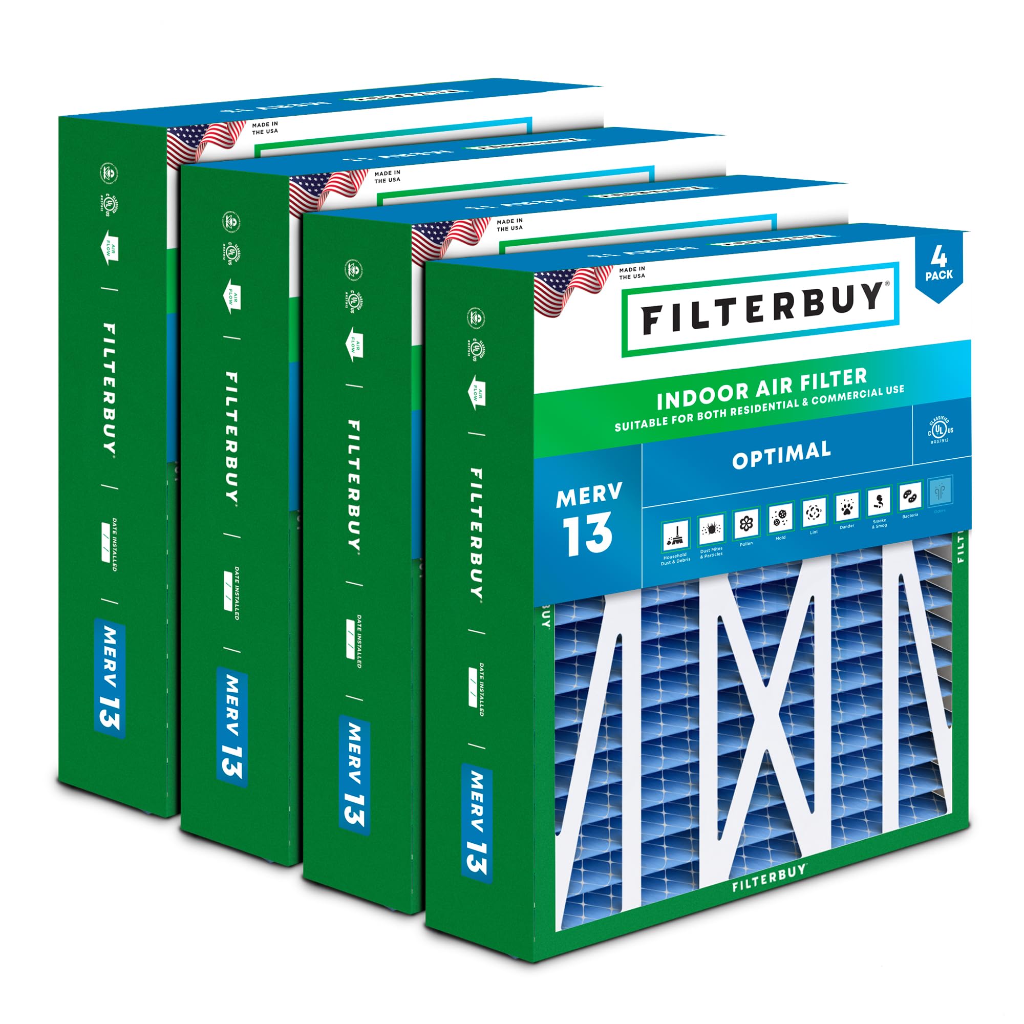 Filterbuy 17.5x21x5 MERV 13 Pleated Air Filter 4-Pack - High Efficiency HVAC Furnace AC Replacement for Rheem, Ruud, Protech (Actual Size 17.13x20.63x4.38 Inches) - Perfect for Home, Office & Allergy Relief