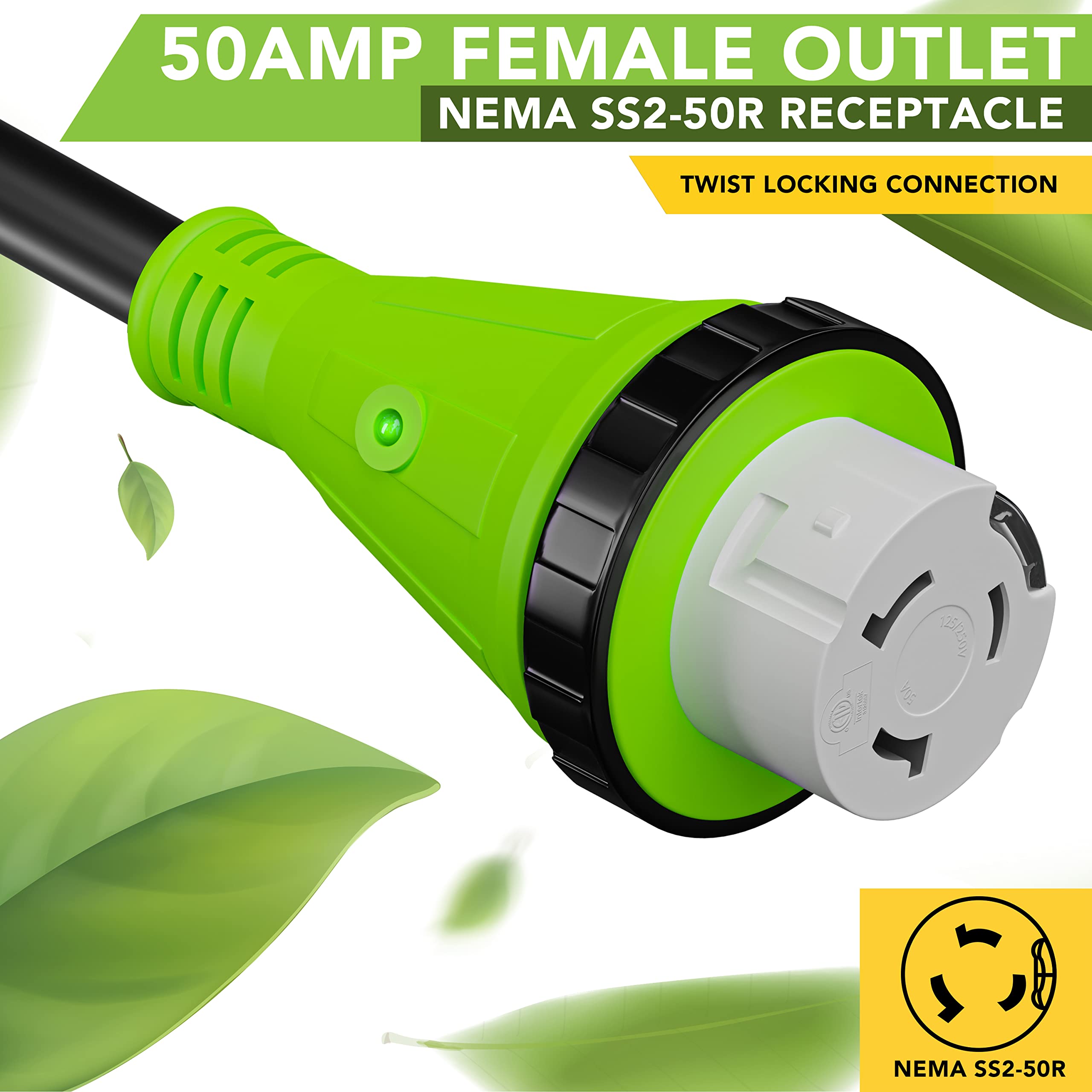 50 Amp 50-Foot Heavy Duty Extension Cord with 50 AMP Male Standard & Female Locking Adapter - Perfect for RV, Camper, Marine, and Outdoor Power Supply