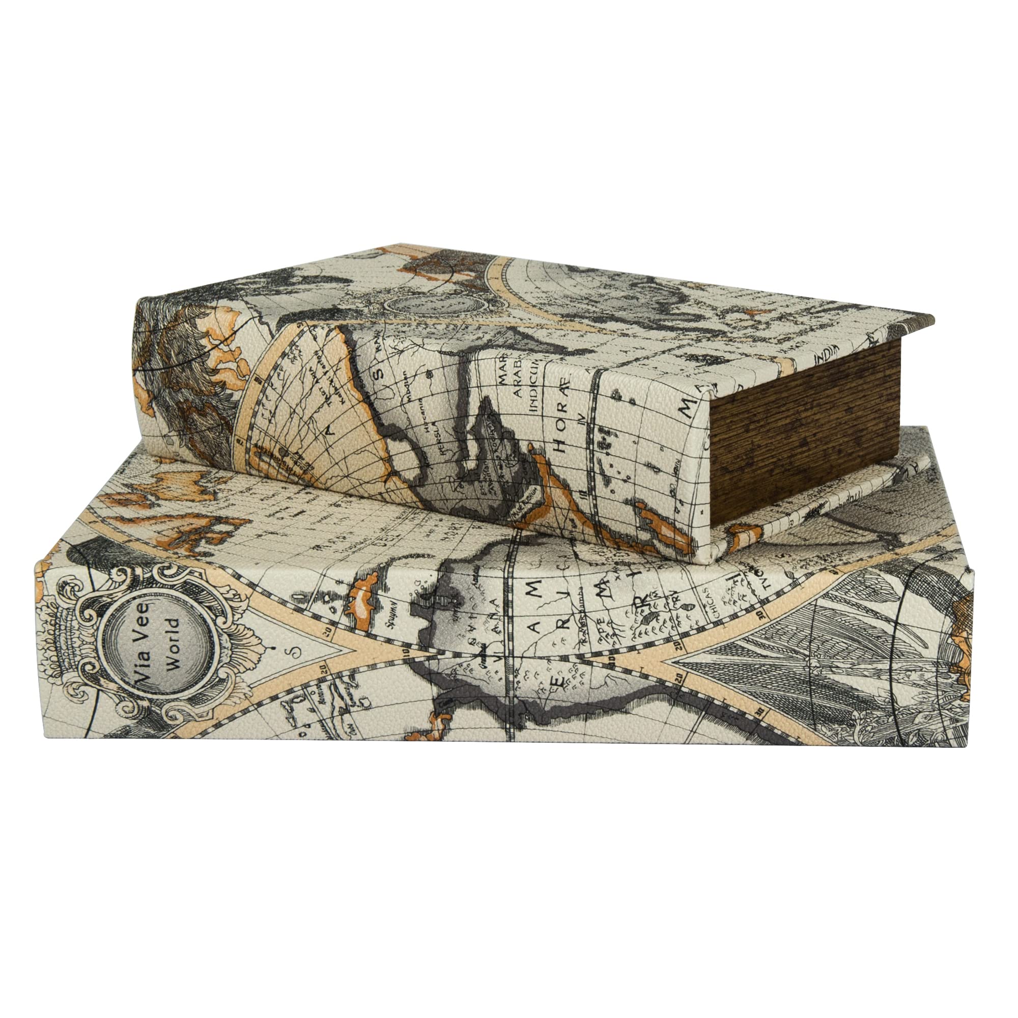 Faux Book Storage Box Set of 2 - World Map Pattern for Home & Shelf Decor | Coffee Table Display
