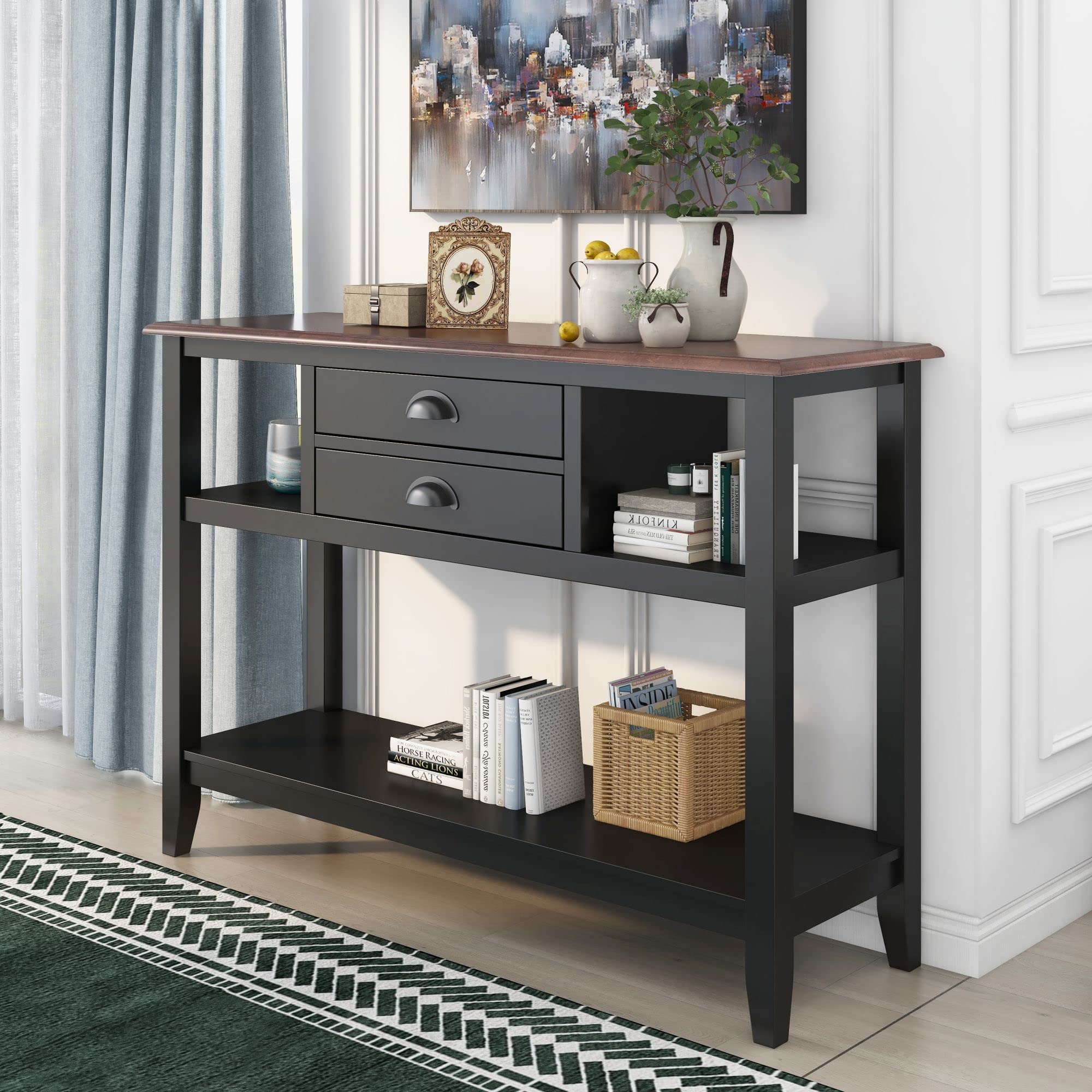 DERCASS Modern Console Table with 2 Drawers - Entryway Sofa Table with Open Shelves in Black & Walnut Finish - Perfect for Living Room, Hallway, or Foyer Decor