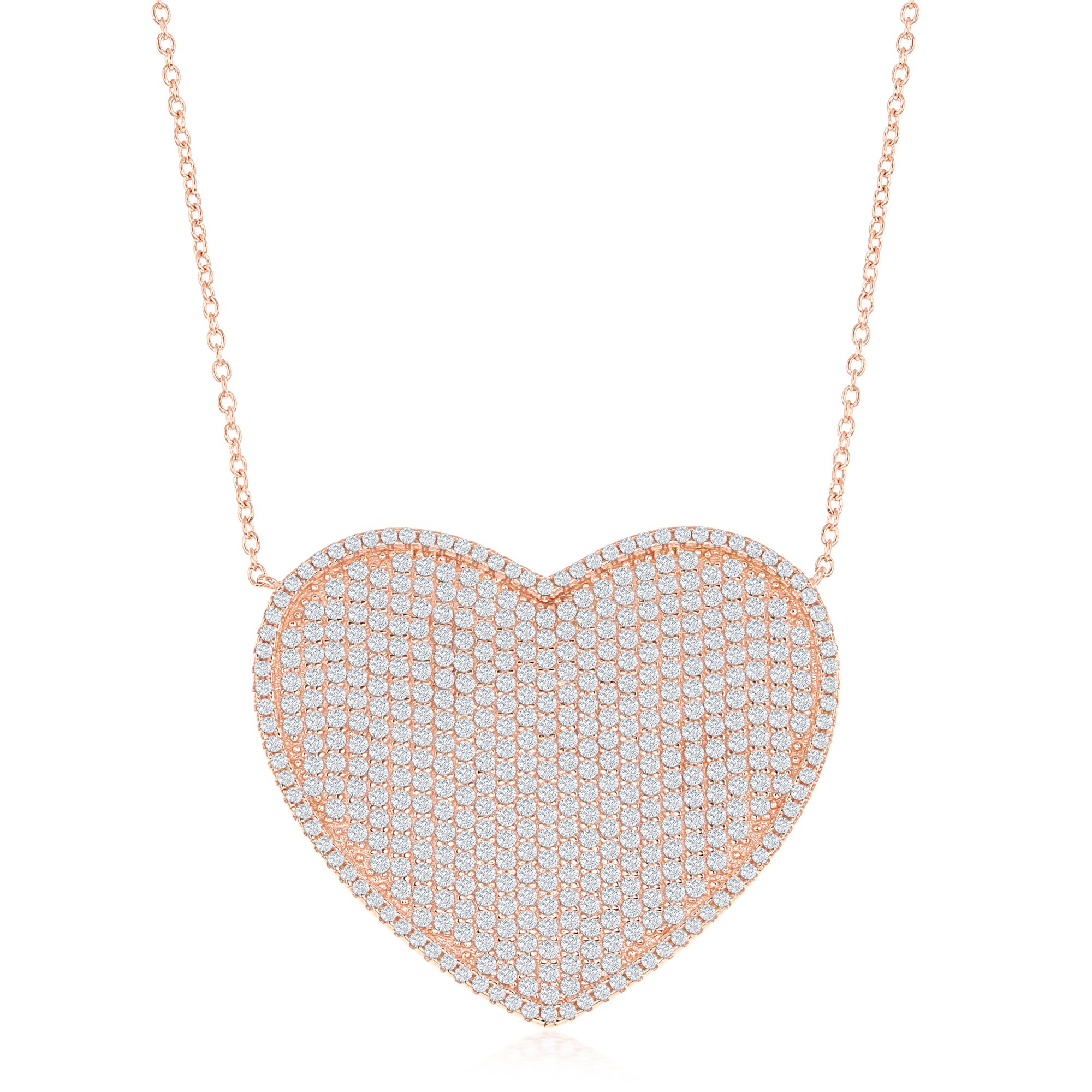 Sterling Silver or Rose Gold Large Micro Pave Heart Pendant Necklace 16+2