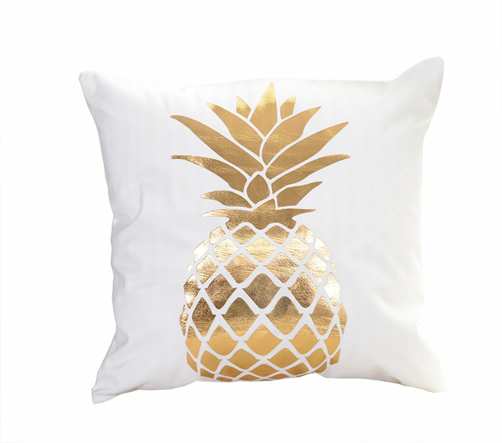 Gold Foil Pineapple Throw Pillow Cover 18x18 Inch - Tropical Home Decor Accent Cushion for Living Room, Bedroom & Outdoor Patio