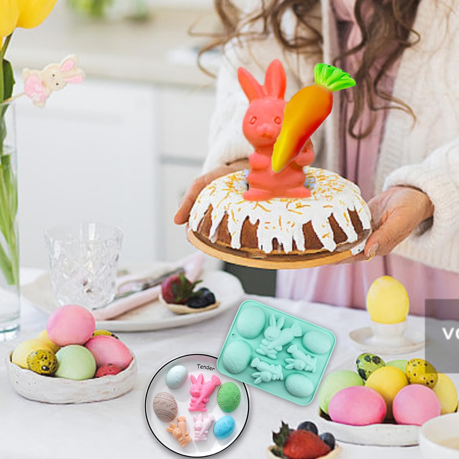Easter Egg and Bunny Chocolate Molds - 2 Pack Non-Stick Silicone Easter Molds for DIY Chocolate, Candy, Muffins, Soap & Cake Decorating - Perfect for Easter Crafts, Holiday Baking and Party Treats