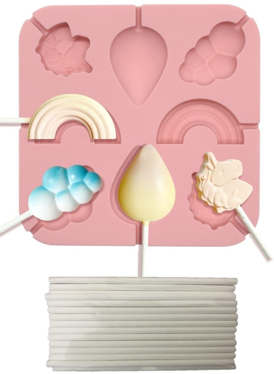 Super Cute Cartoon Lollipop Silicone Molds with 25pcs 4-inch Paper Sticks - Unicorn, Rainbow, Clouds & Raindrop Shapes for DIY Chocolate, Candy, Gelatin Fudge & Ice Cubes - 8 Cavity BBT2 - Perfect for Kids Birthday Parties, Treat Bags & Holiday Gifts