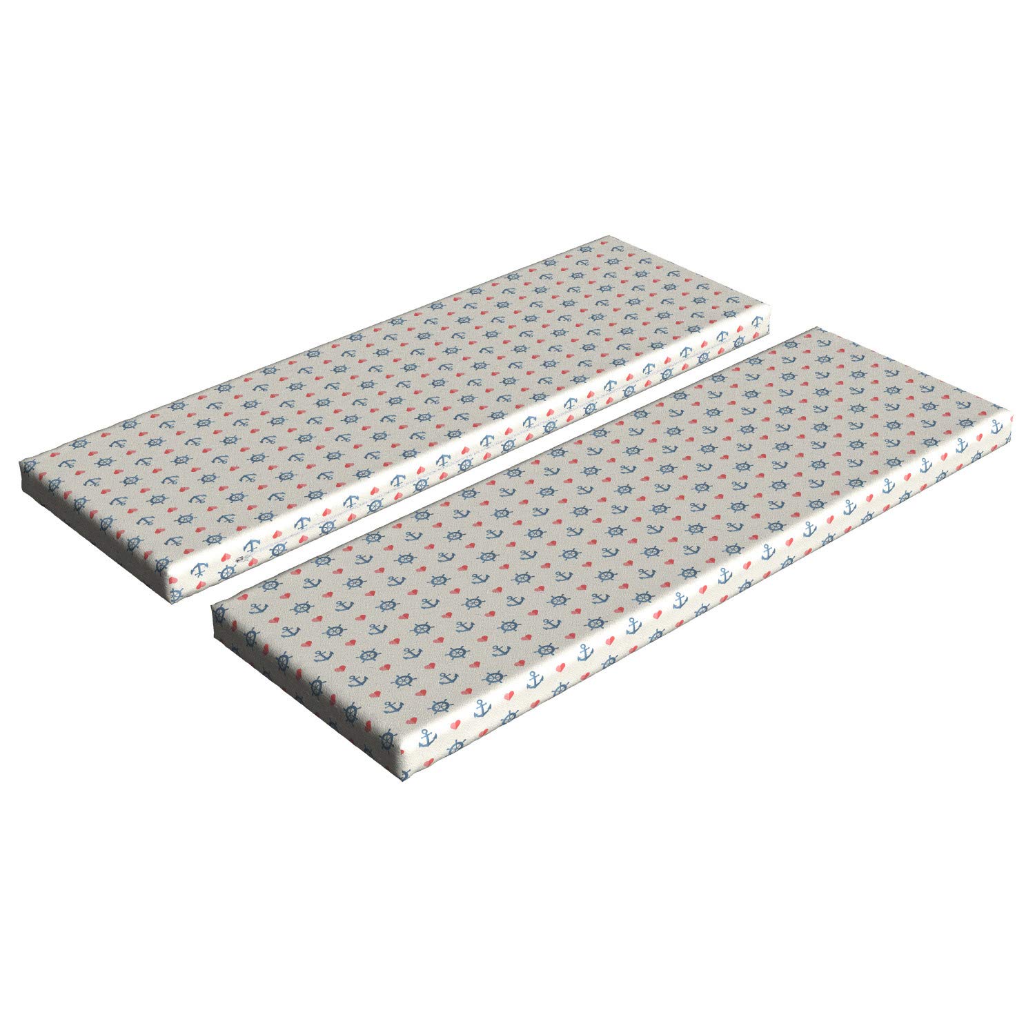 Ambesonne 2-Piece Anchor Bench Cushion Set - Nautical Maritime Design with Sea Waves & Red Hearts, 45