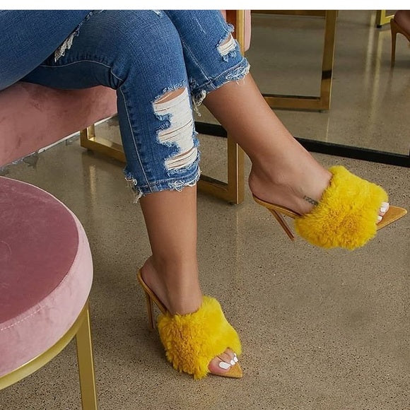 Penelope Women's Fur Stiletto Mules - Cozy Faux Fur Slide Heels for Winter, House Slippers & Lounge Shoes for Comfortable Indoor/Outdoor Wear