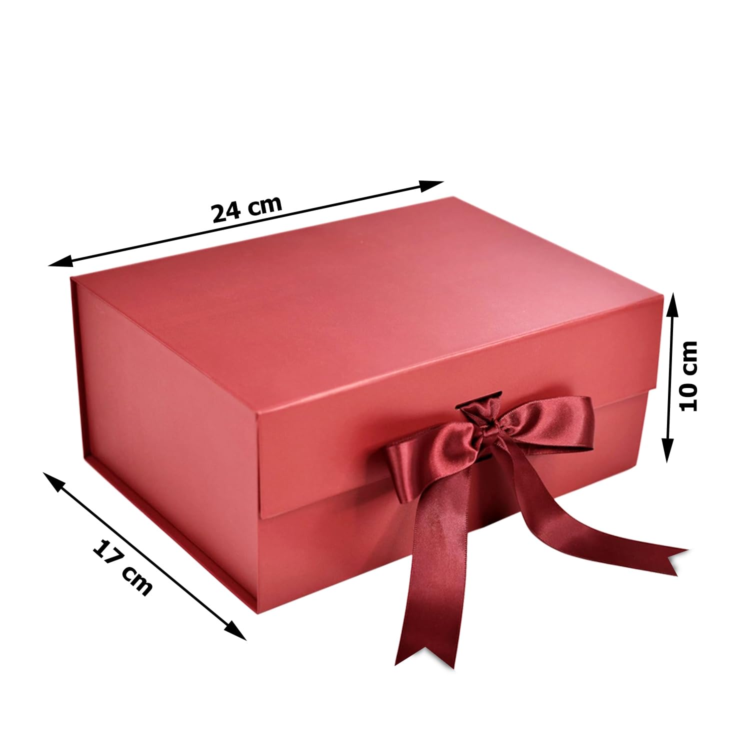 Foldable Maroon Gift Box with Satin Ribbon - Reusable Empty Hamper Box Holds 5kg (24x17x10cm) for Rakhi, Wedding, Birthday & Holiday Gifts - Premium Matte Finish Gift Packaging Solution