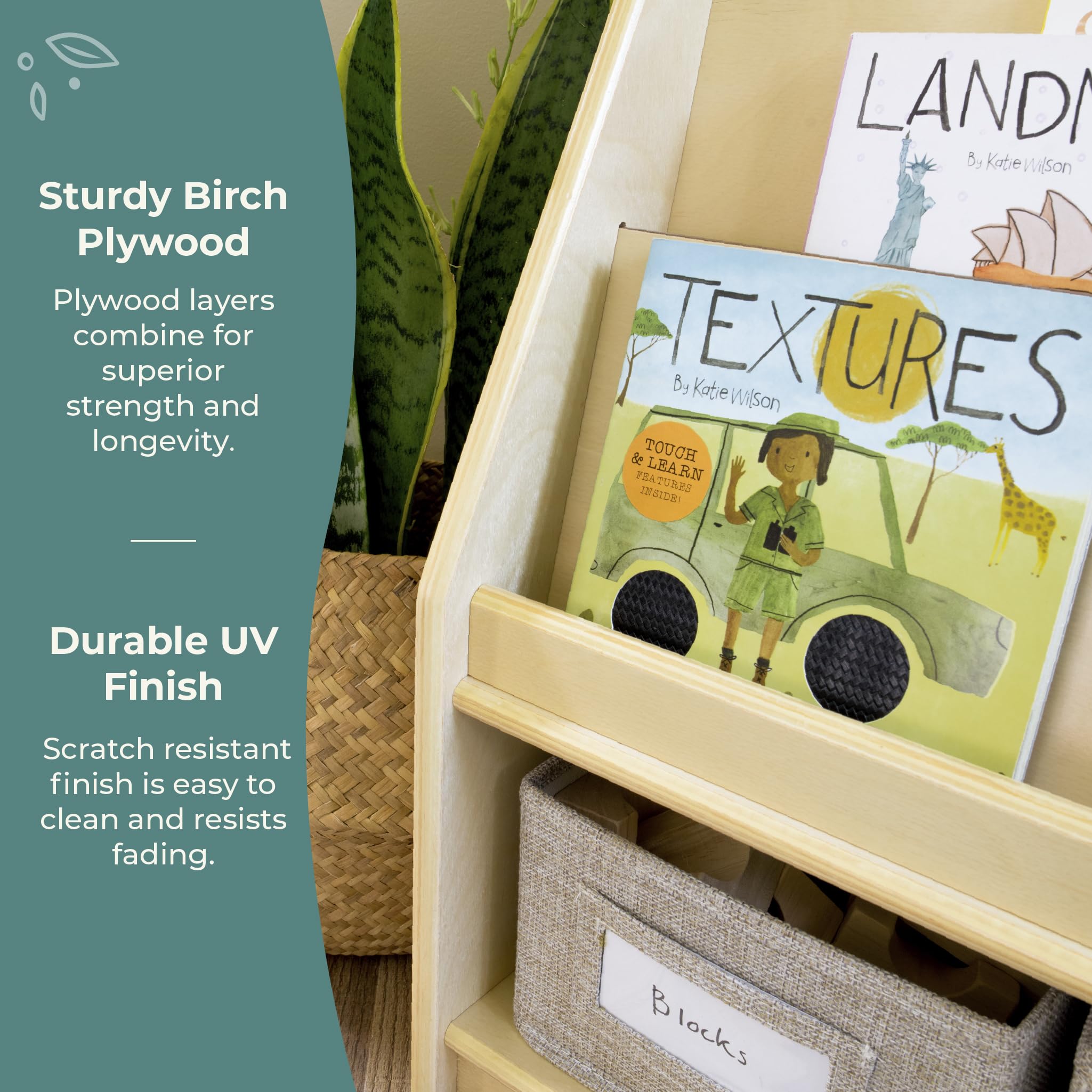 Guidecraft EdQ Natural Wood Book & Bin Display with 3 Fabric Storage Bins - Multi-Purpose Bookcase & Toy Organizer for Homeschool, Classroom & Kids' Room Storage Solutions